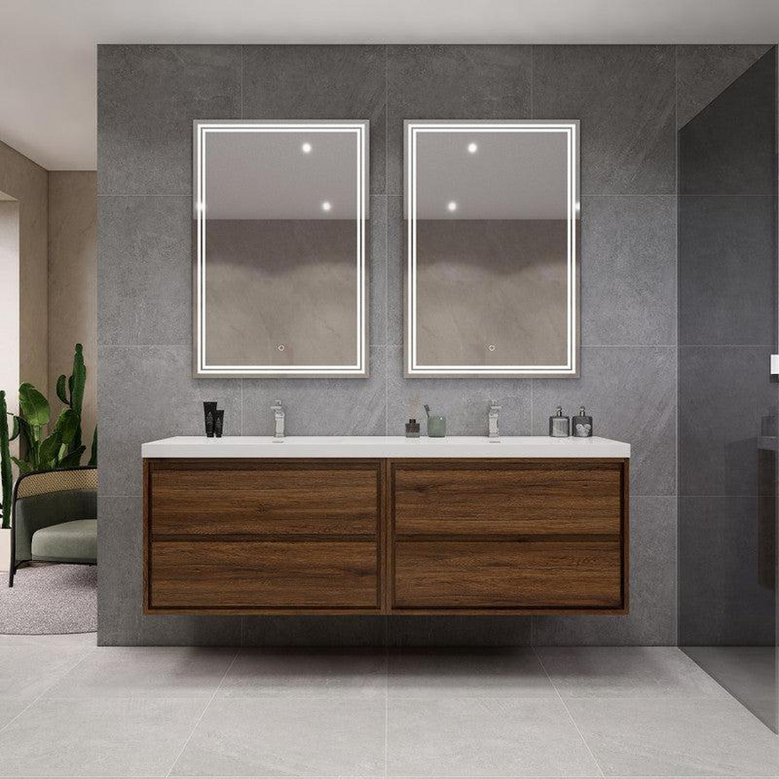 Eden 72" 3-Piece Rosewood Wall-Mounted Modern Vanity With Double Reinforced White Acrylic Sinks