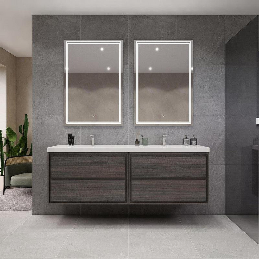 Eden 72" 3-Piece Dark Gray Oak Wall-Mounted Modern Vanity With Double Reinforced White Acrylic Sinks