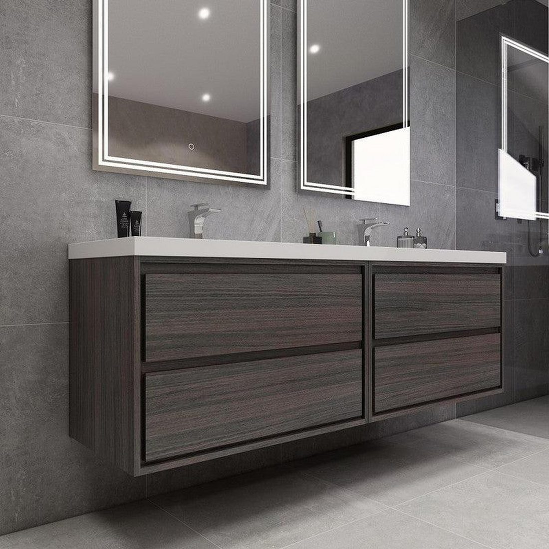 Eden 72" 3-Piece Dark Gray Oak Wall-Mounted Modern Vanity With Double Reinforced White Acrylic Sinks