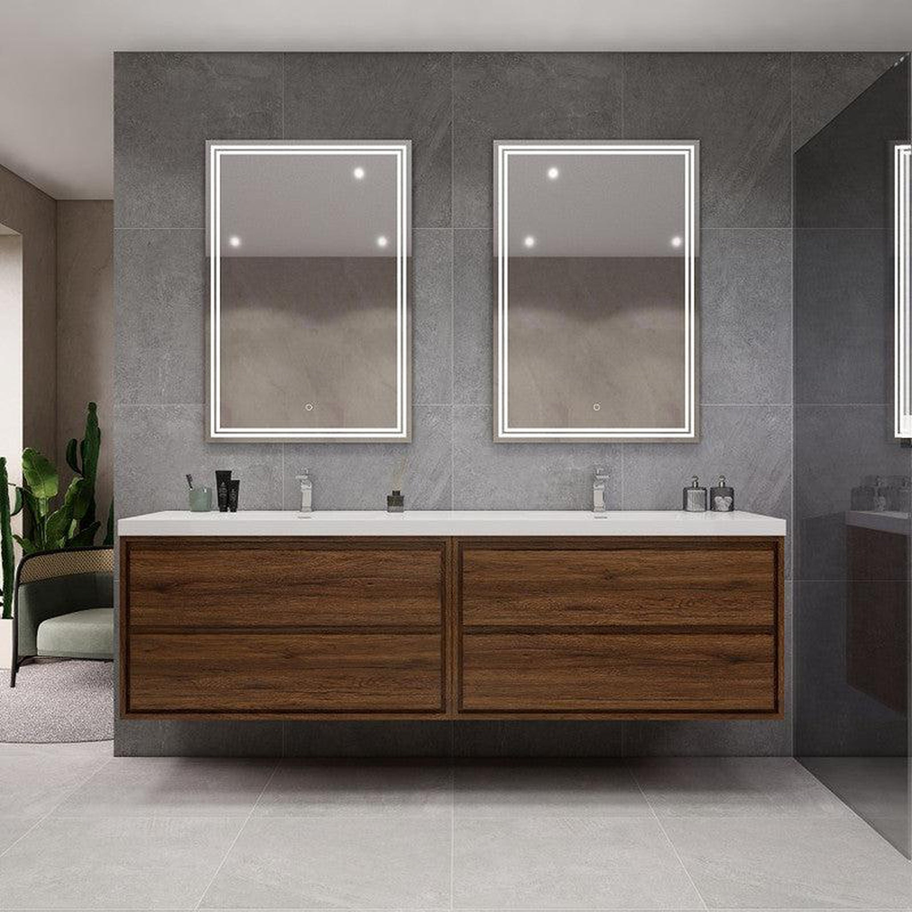 Eden 84" Rosewood Wall-Mounted Modern Vanity With Double Reinforced White Acrylic Sinks