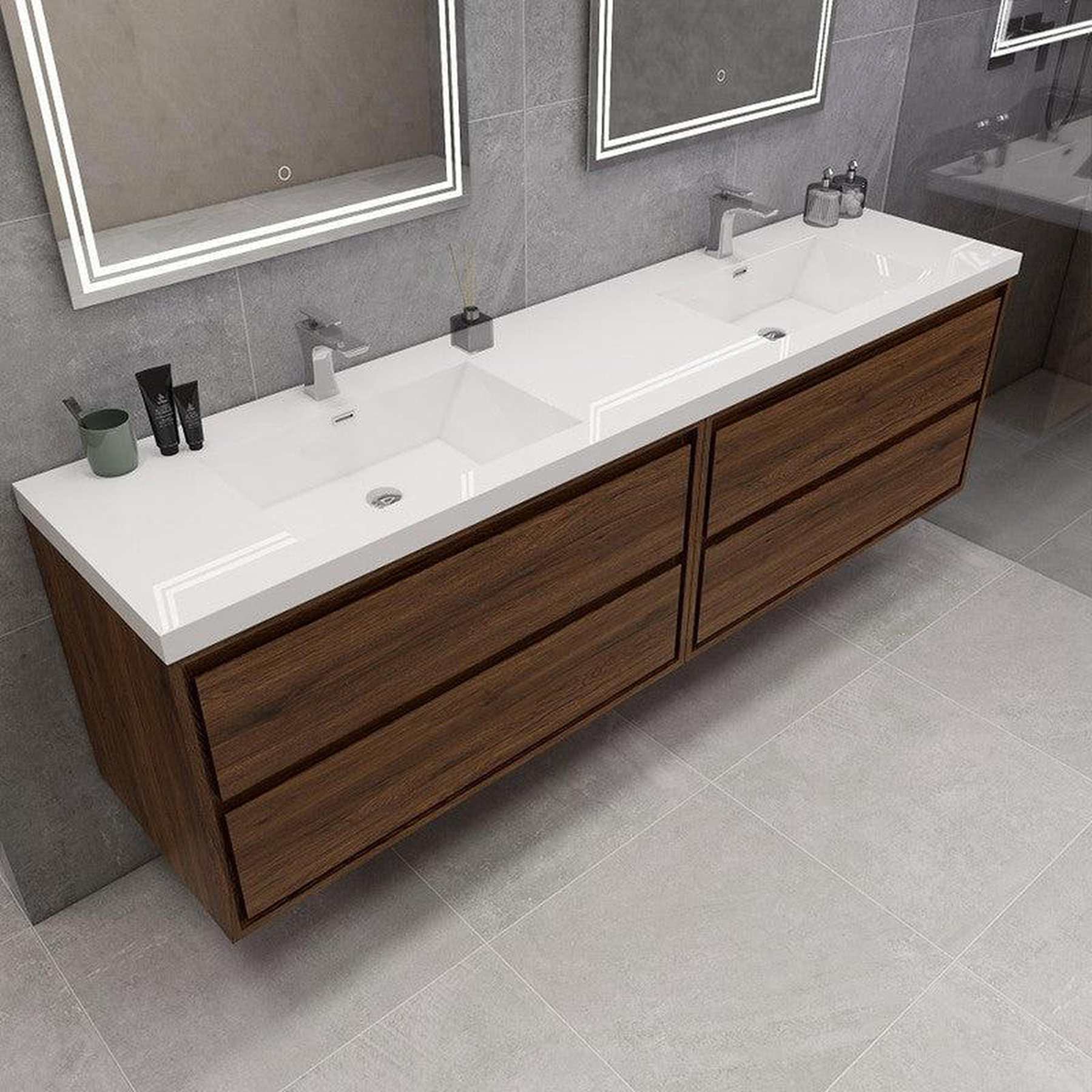 Eden 84" Rosewood Wall-Mounted Modern Vanity With Double Reinforced White Acrylic Sinks