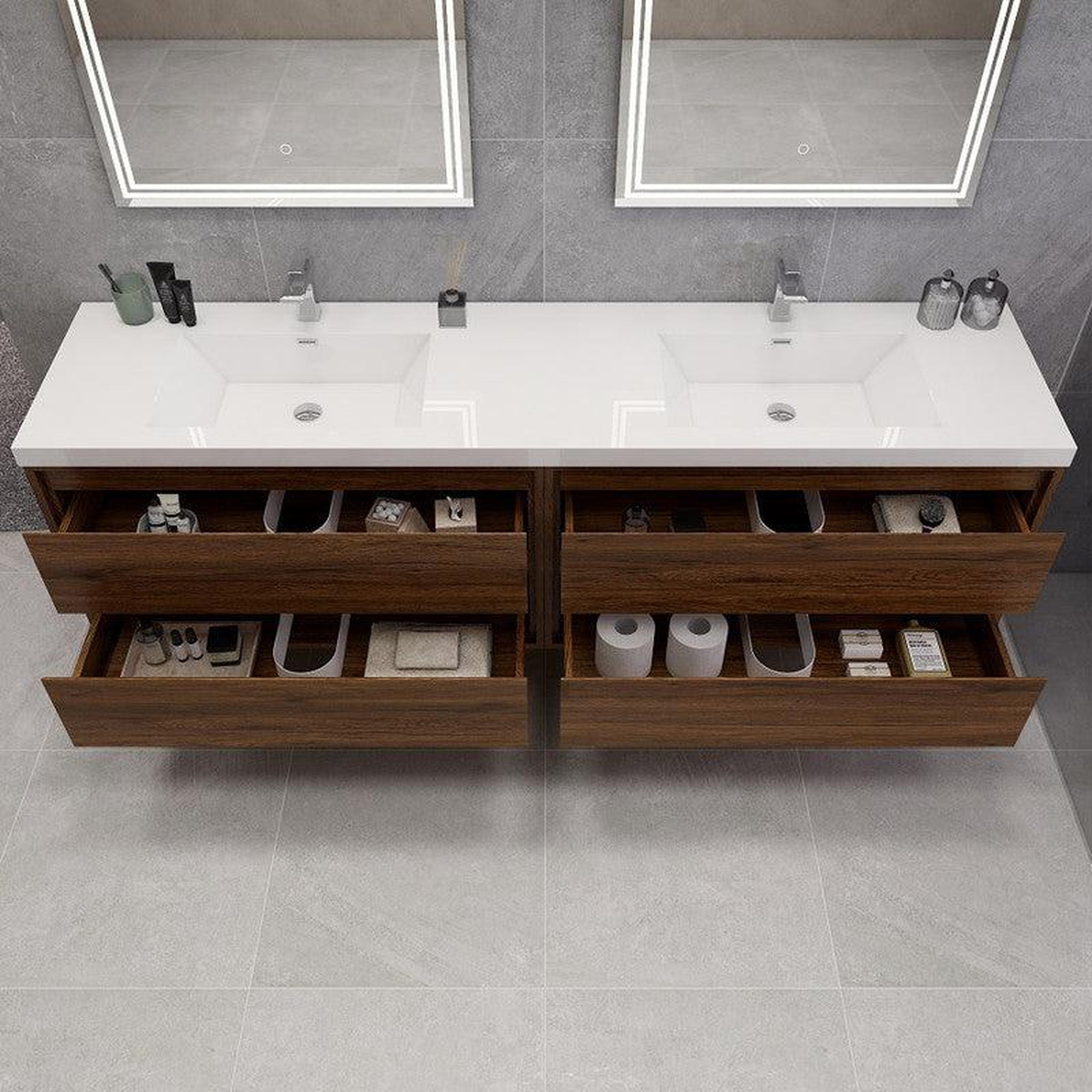 Eden 84" Rosewood Wall-Mounted Modern Vanity With Double Reinforced White Acrylic Sinks