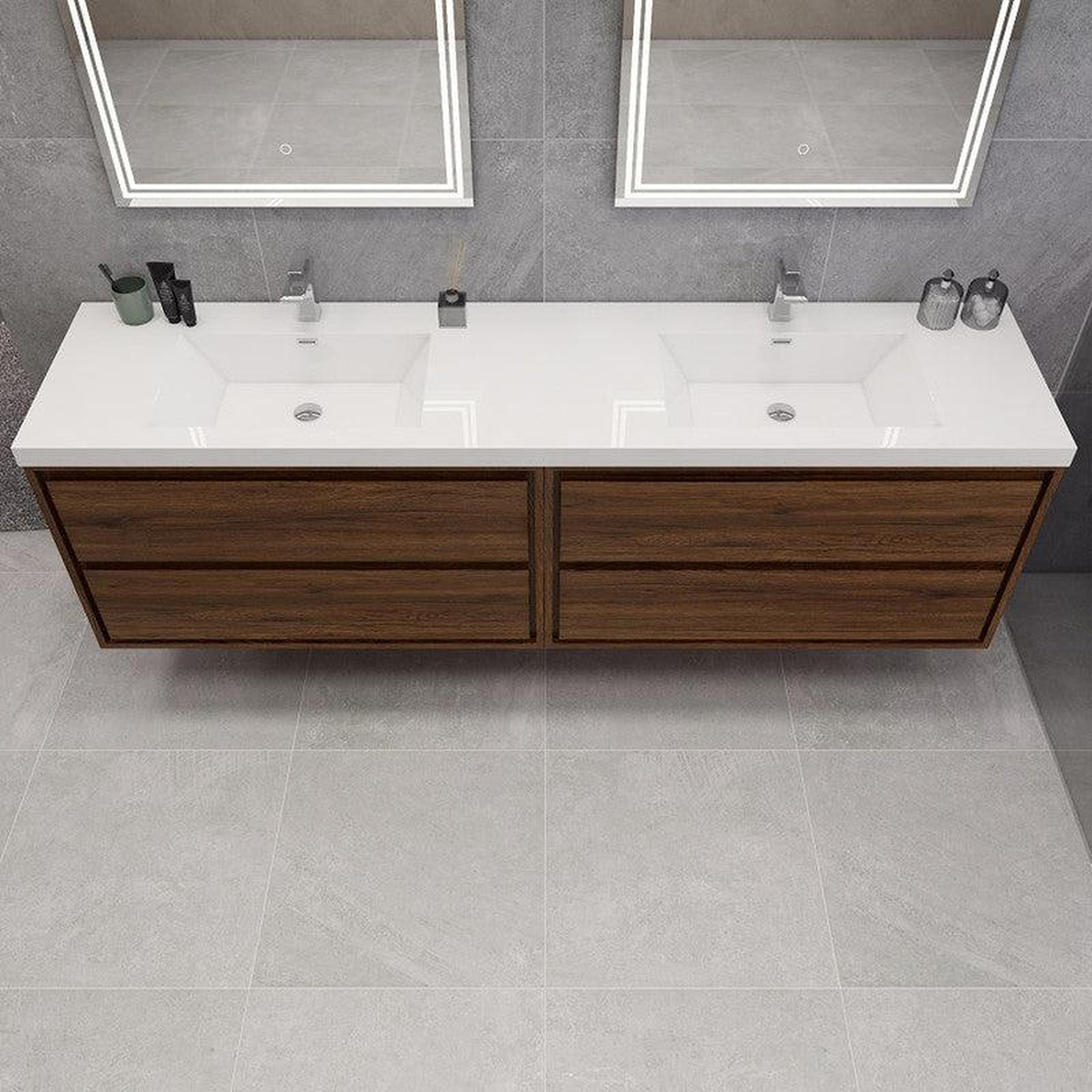 Eden 84" Rosewood Wall-Mounted Modern Vanity With Double Reinforced White Acrylic Sinks