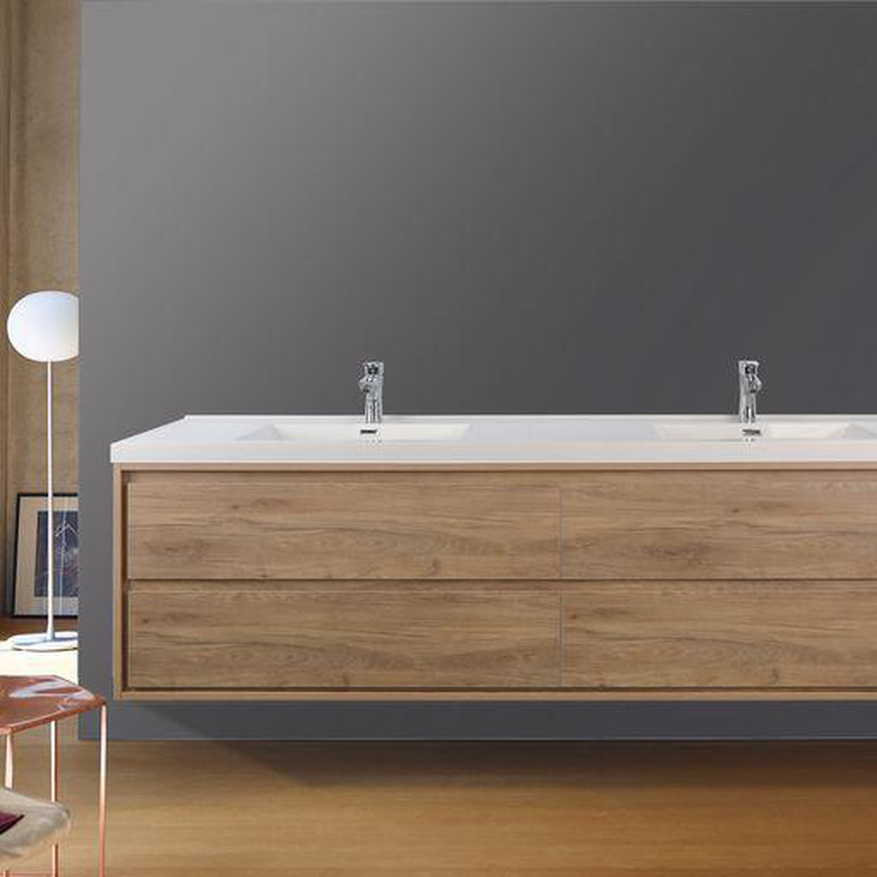 Eden 84" White Oak Wall-Mounted Modern Vanity With Double Reinforced White Acrylic Sinks