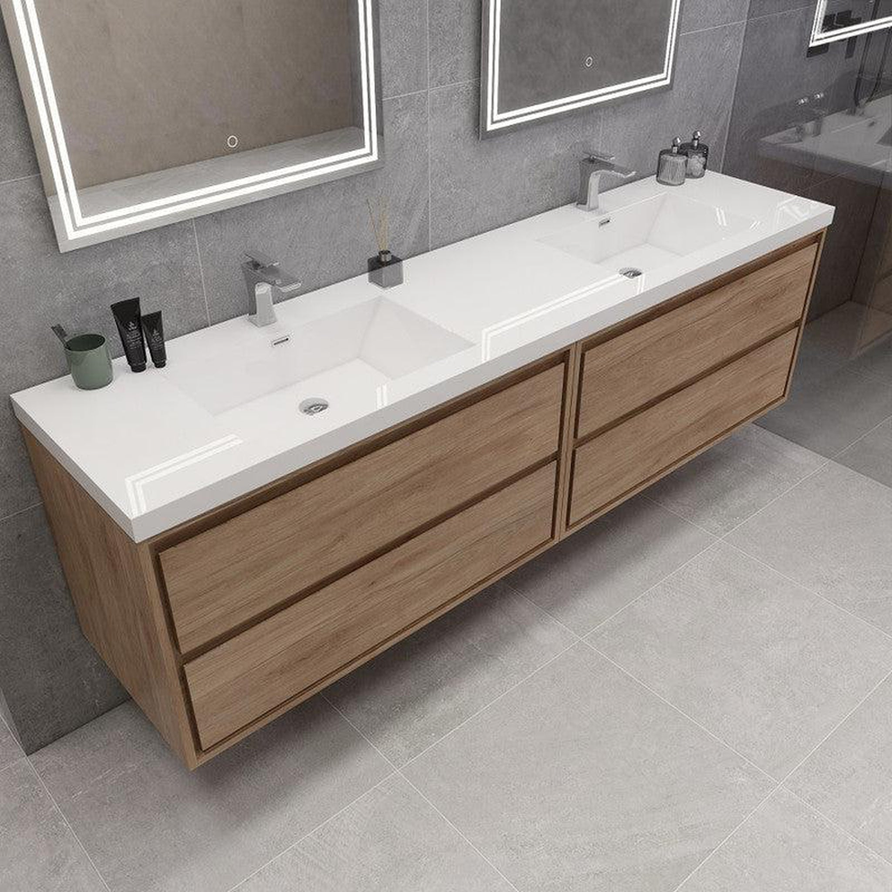 Eden 84" White Oak Wall-Mounted Modern Vanity With Double Reinforced White Acrylic Sinks