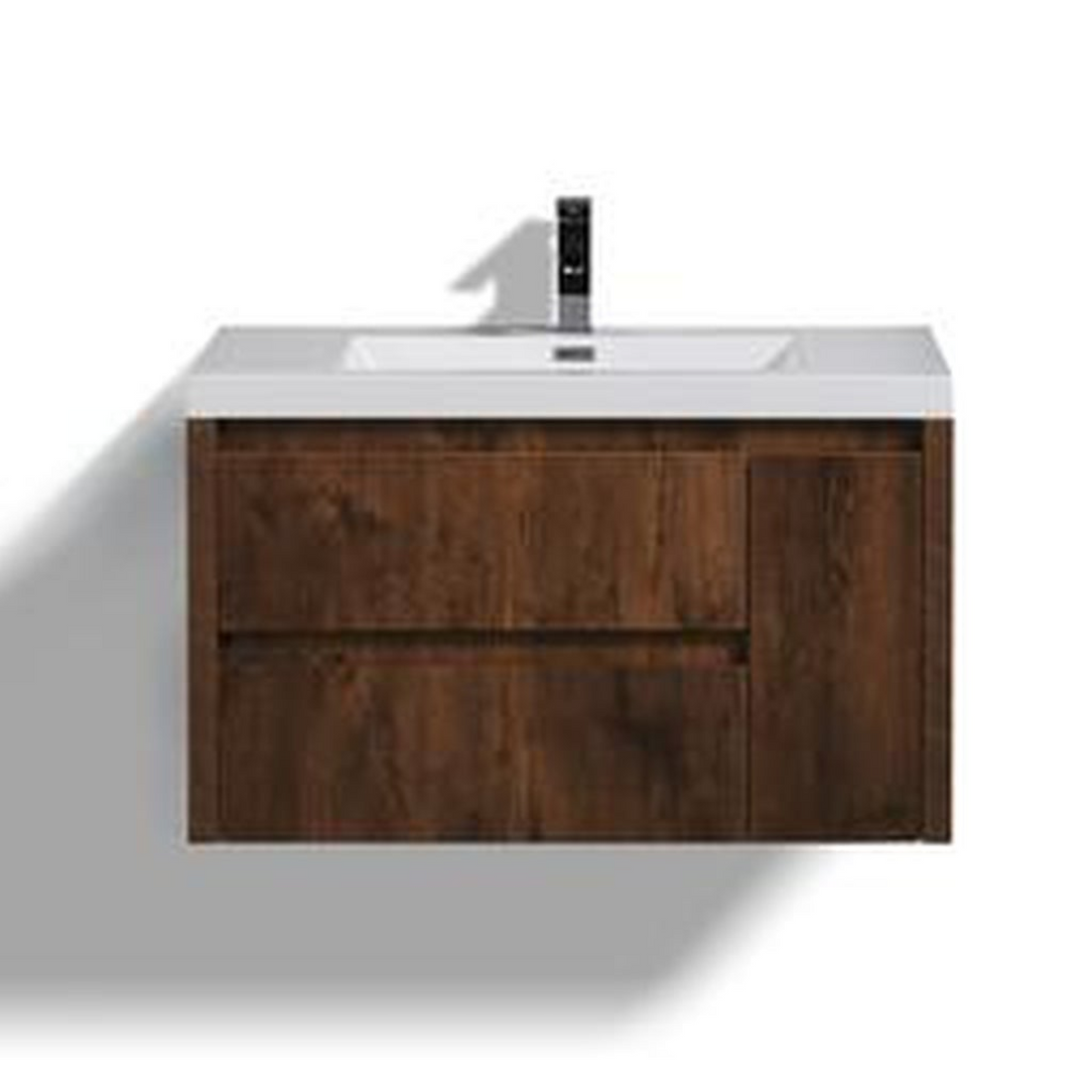 Emerald 36" Rosewood Wall-Mounted Vanity With Single Reinforced White Acrylic Sink (Left Drawer)