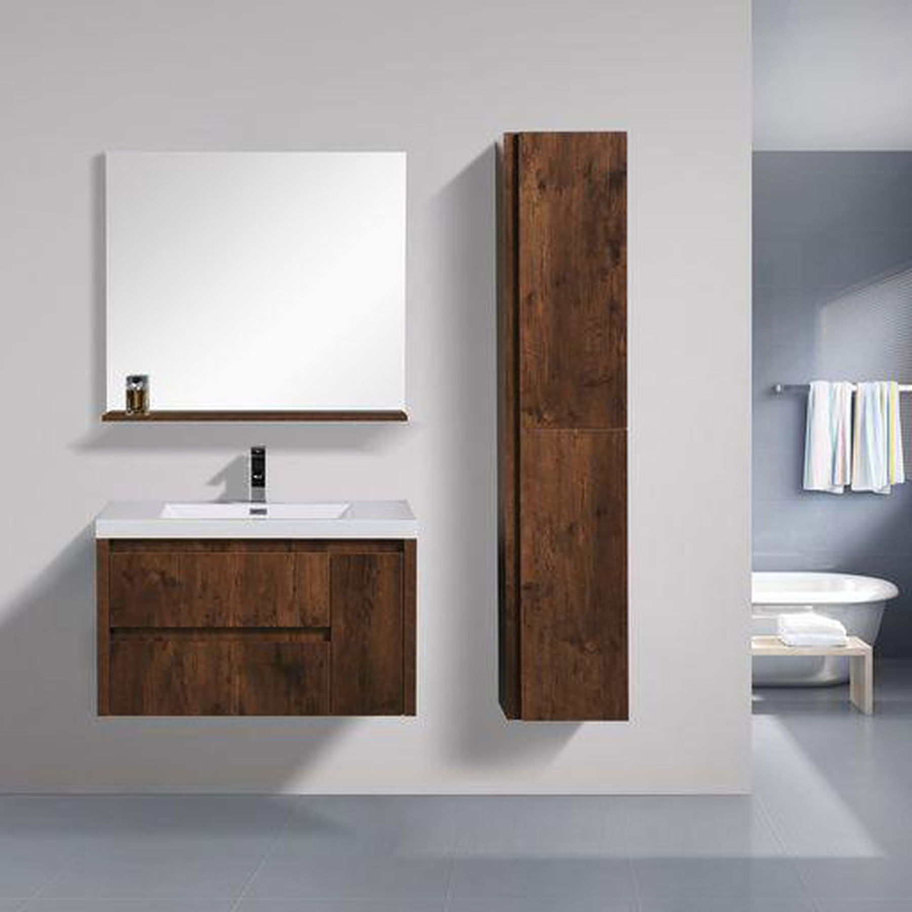 Emerald 36" Rosewood Wall-Mounted Vanity With Single Reinforced White Acrylic Sink (Left Drawer)