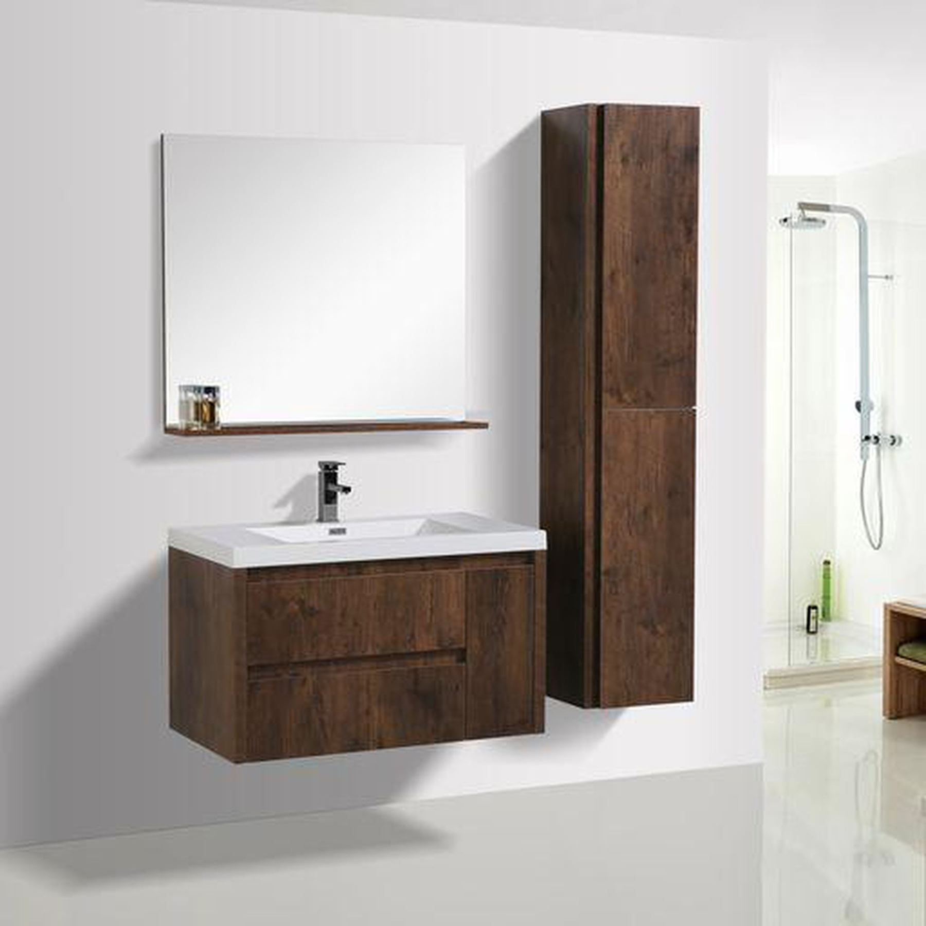 Emerald 36" Rosewood Wall-Mounted Vanity With Single Reinforced White Acrylic Sink (Left Drawer)