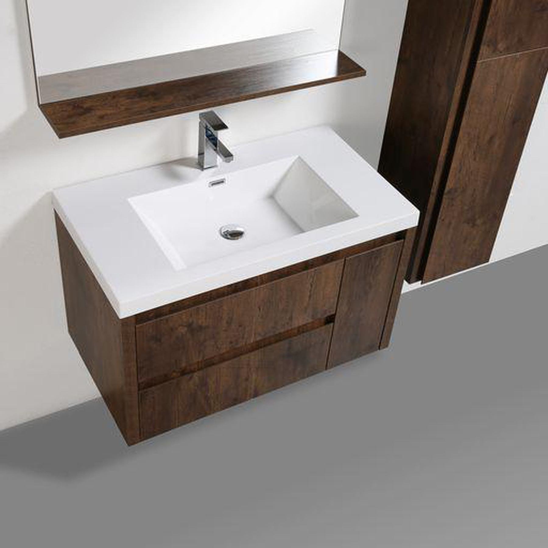 Emerald 36" Rosewood Wall-Mounted Vanity With Single Reinforced White Acrylic Sink (Left Drawer)
