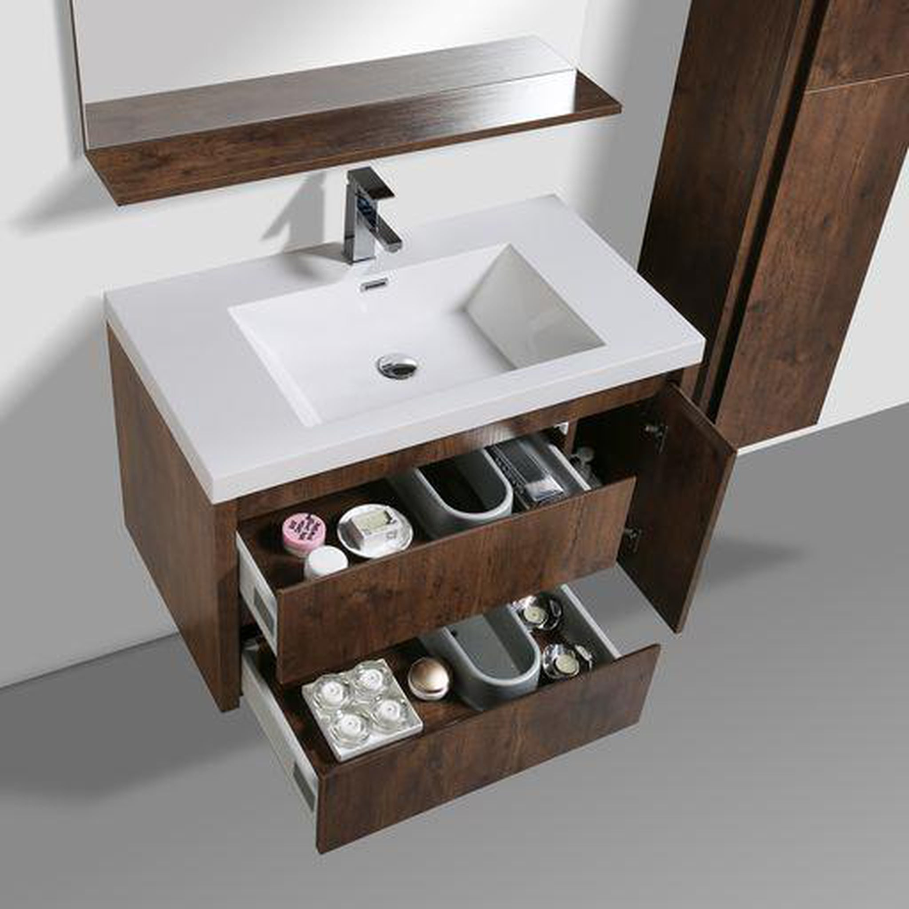 Emerald 36" Rosewood Wall-Mounted Vanity With Single Reinforced White Acrylic Sink (Left Drawer)