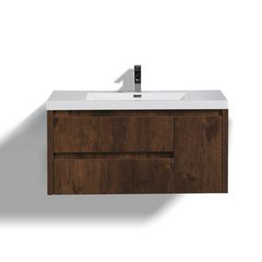 Emerald 42" Rosewood Wall-Mounted Vanity With Single Reinforced White Acrylic Sink (Left Drawer)