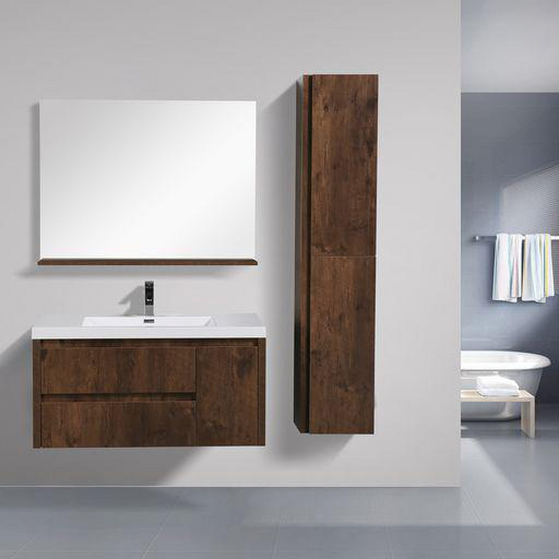 Emerald 42" Rosewood Wall-Mounted Vanity With Single Reinforced White Acrylic Sink (Left Drawer)