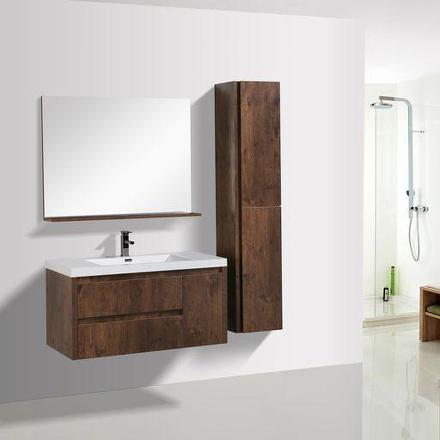 Emerald 42" Rosewood Wall-Mounted Vanity With Single Reinforced White Acrylic Sink (Left Drawer)