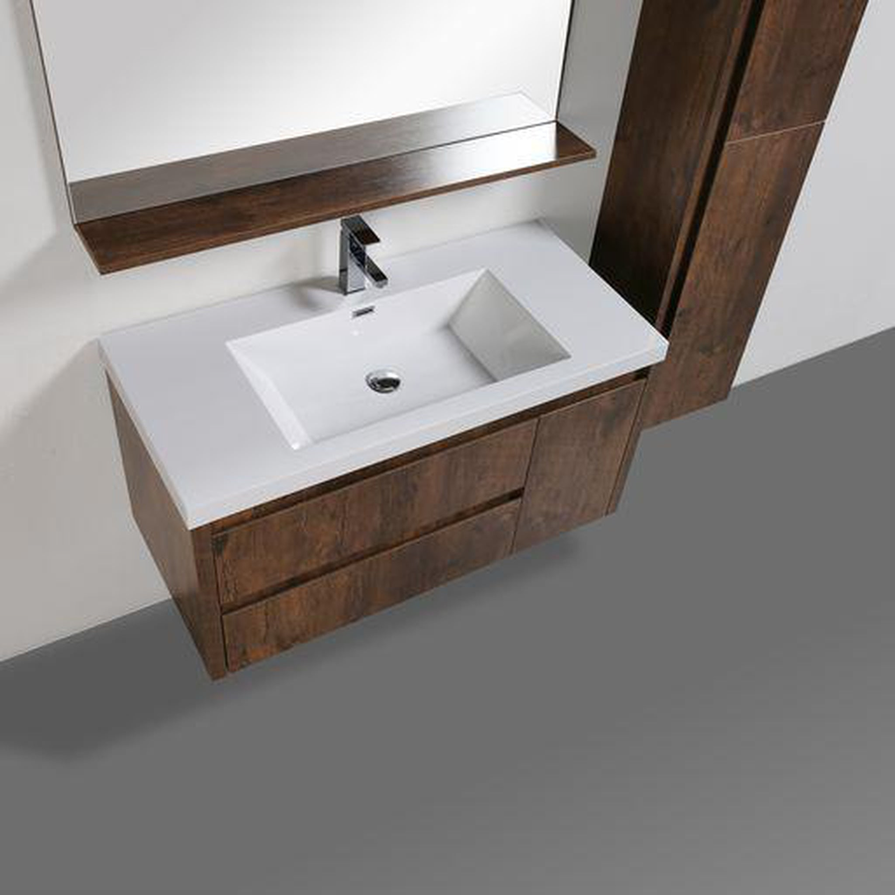 Emerald 42" Rosewood Wall-Mounted Vanity With Single Reinforced White Acrylic Sink (Left Drawer)