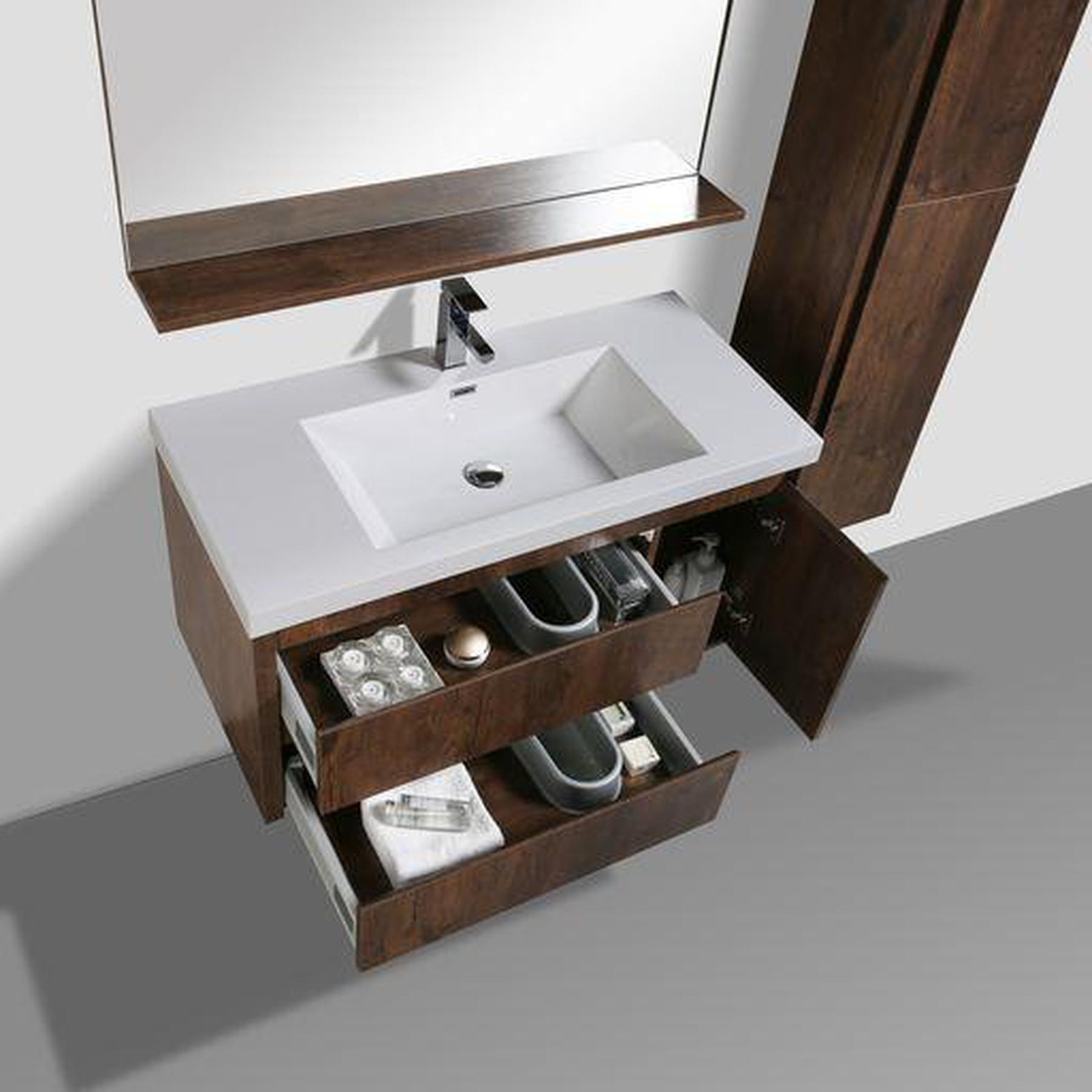 Emerald 42" Rosewood Wall-Mounted Vanity With Single Reinforced White Acrylic Sink (Left Drawer)