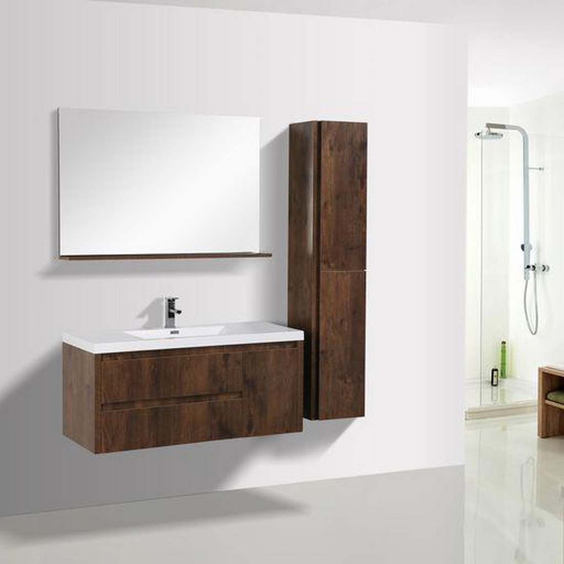 Emerald 48" Rosewood Wall-Mounted Vanity With Single Reinforced White Acrylic Sink (Left Drawer)