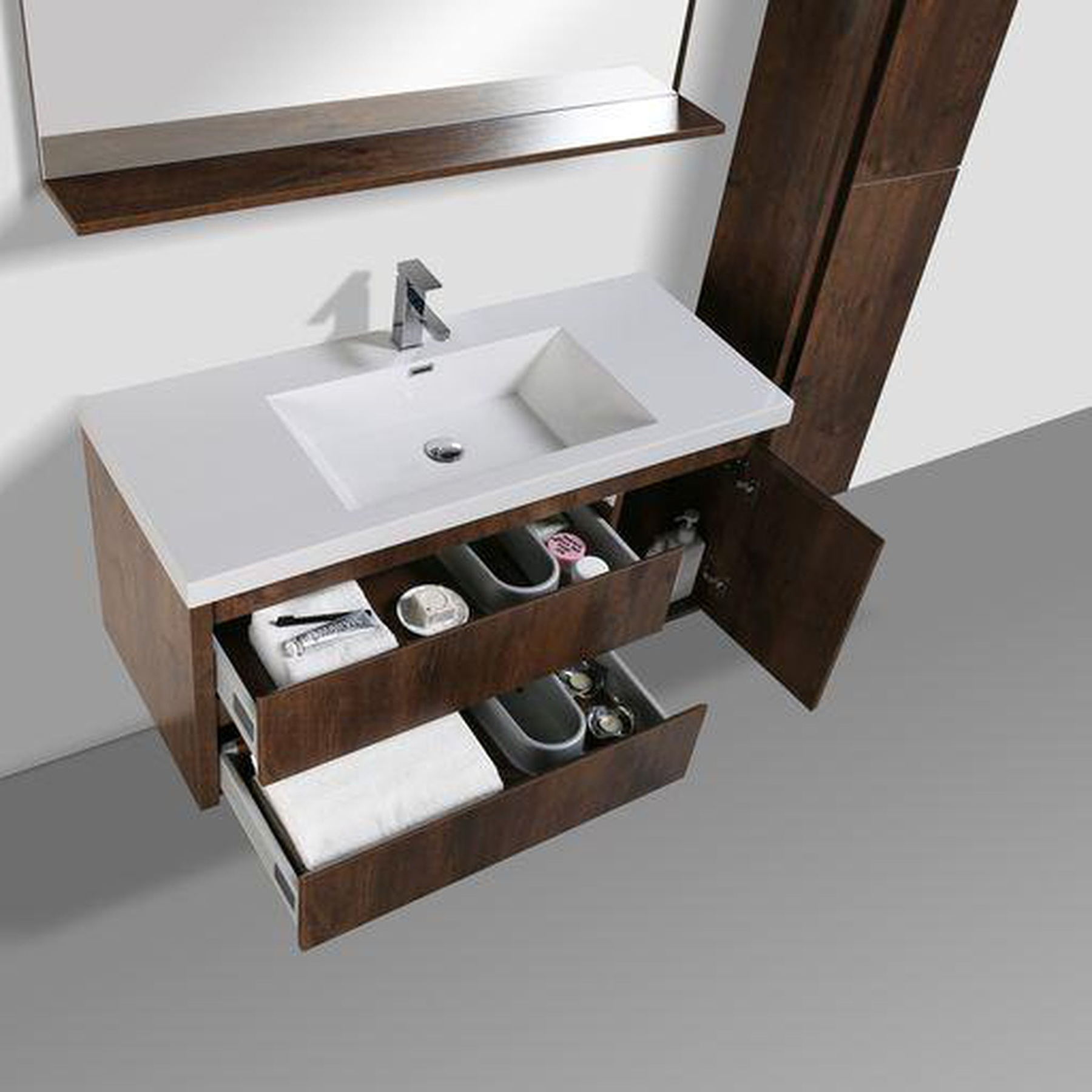 Emerald 48" Rosewood Wall-Mounted Vanity With Single Reinforced White Acrylic Sink (Left Drawer)