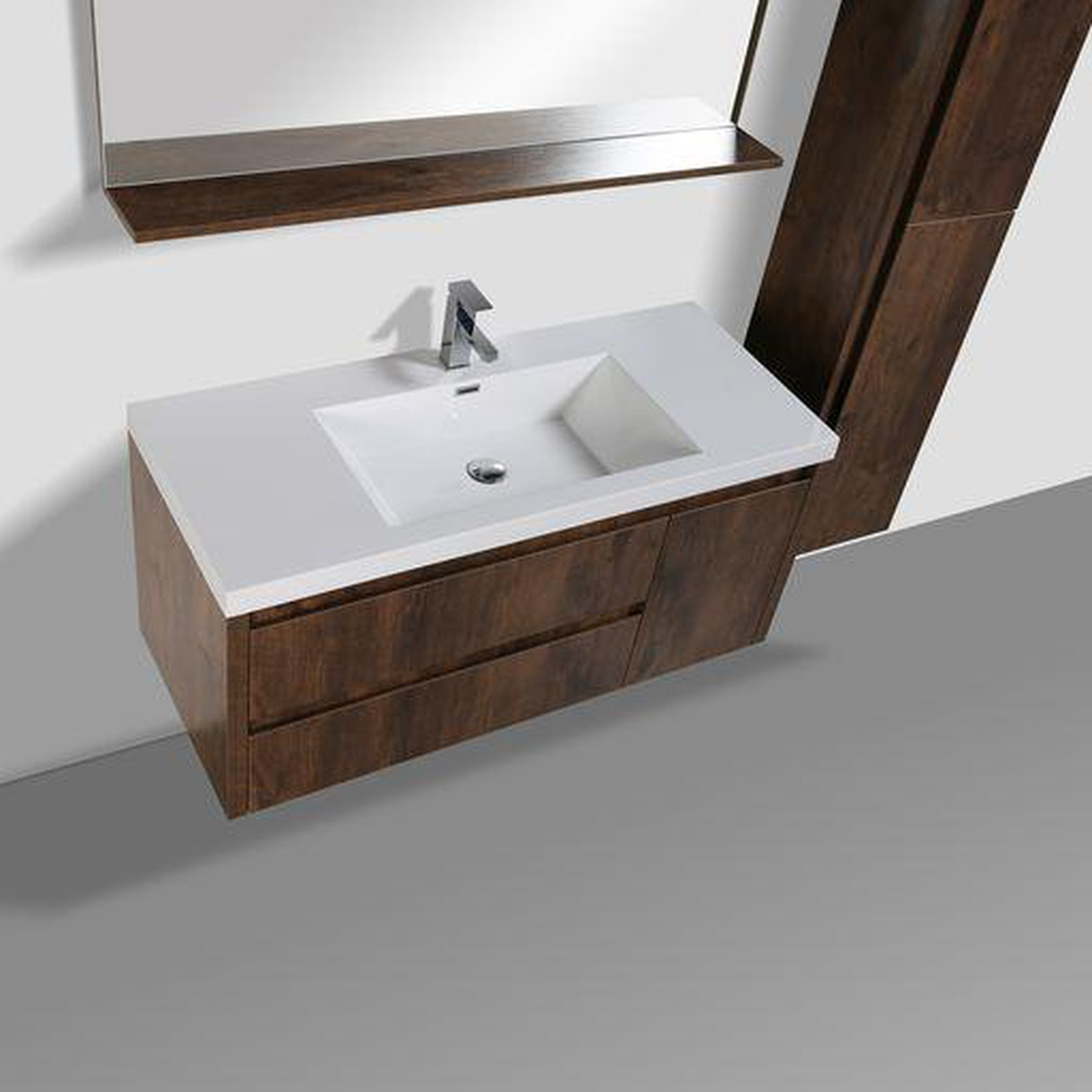 Emerald 48" Rosewood Wall-Mounted Vanity With Single Reinforced White Acrylic Sink (Left Drawer)