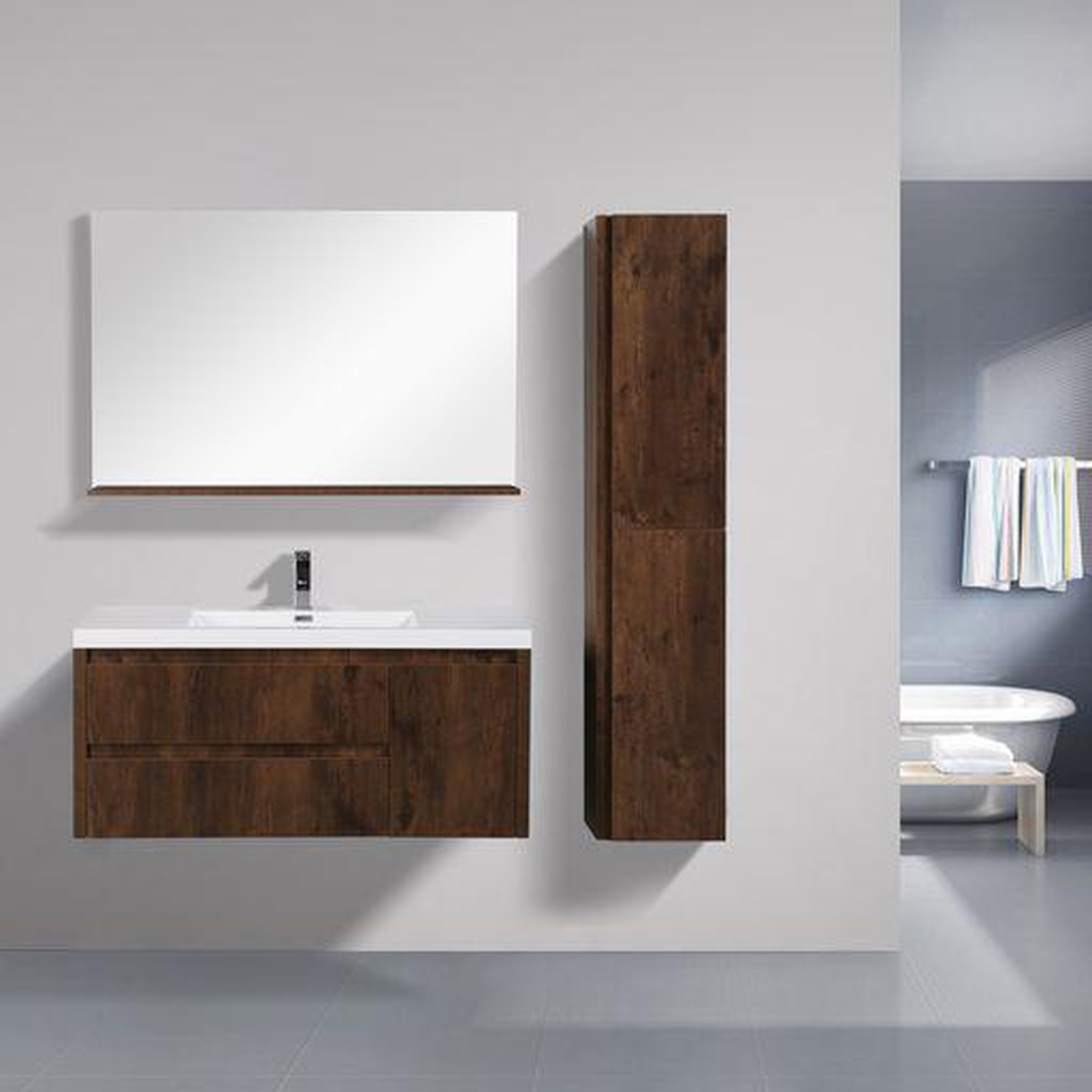 Emerald 48" Rosewood Wall-Mounted Vanity With Single Reinforced White Acrylic Sink (Left Drawer)