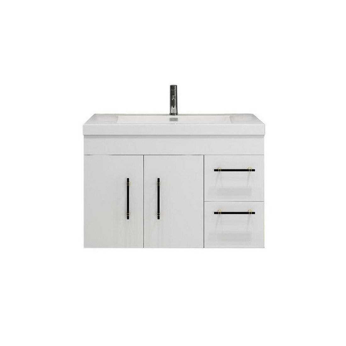 Elara 36" High Gloss White Wall-Mounted Vanity With Right Side Drawers and Single Reinforced White Acrylic Sink