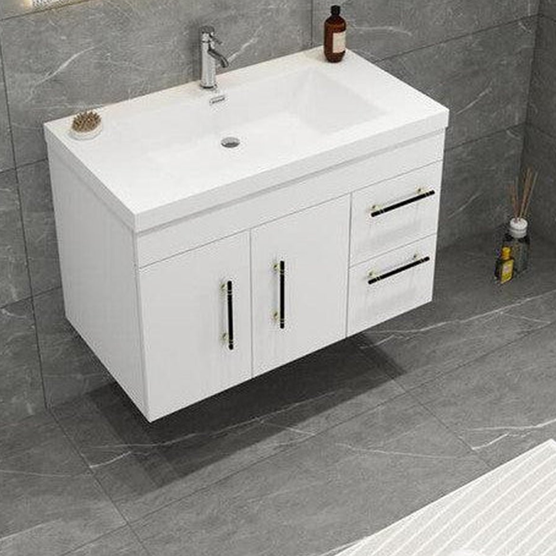Elara 36" High Gloss White Wall-Mounted Vanity With Right Side Drawers and Single Reinforced White Acrylic Sink
