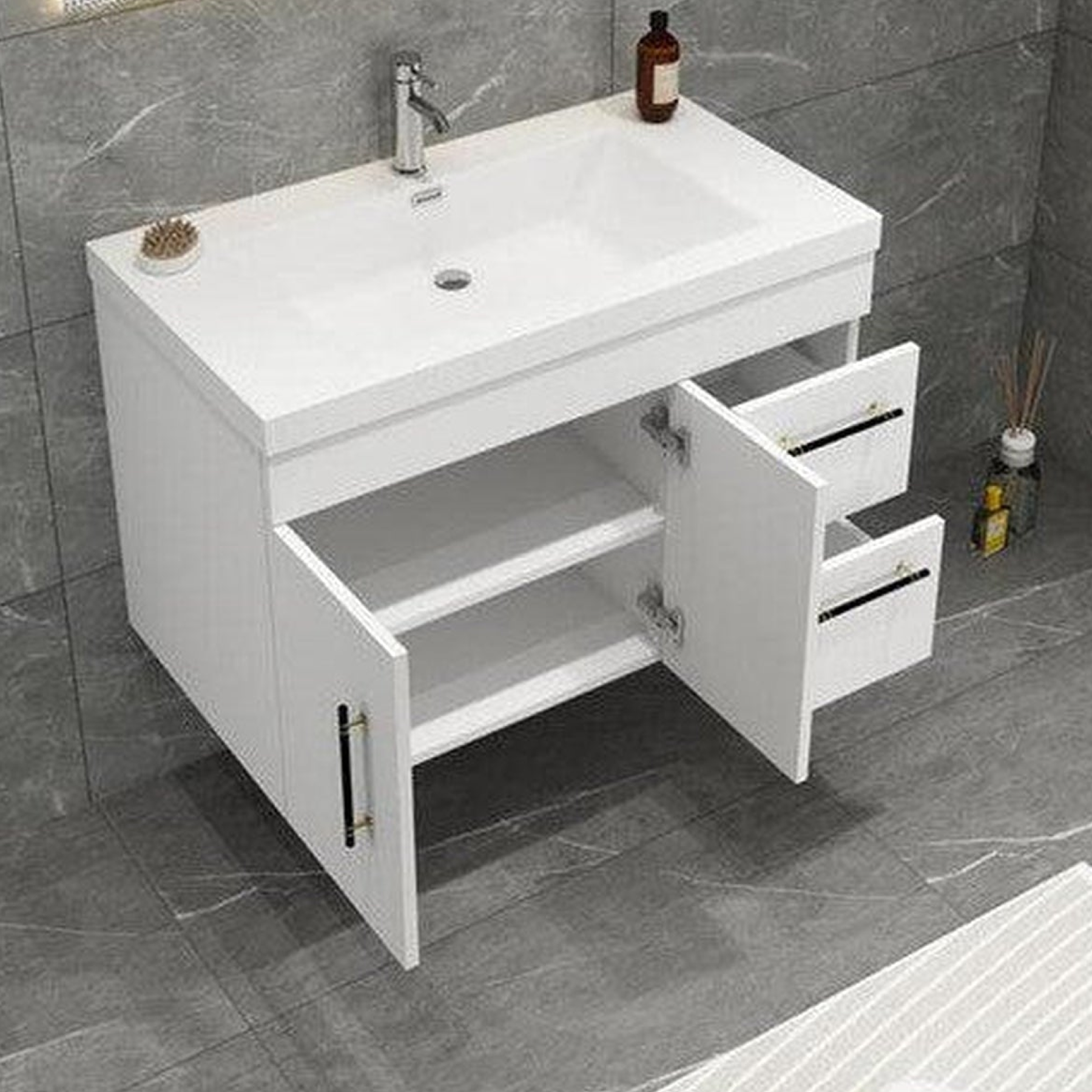Elara 36" High Gloss White Wall-Mounted Vanity With Right Side Drawers and Single Reinforced White Acrylic Sink