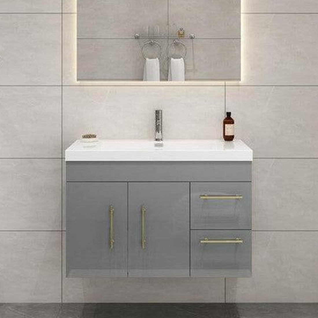 Elara 36" High Gloss Gray Wall-Mounted Vanity With Right Side Drawers and Single Reinforced White Acrylic Sink