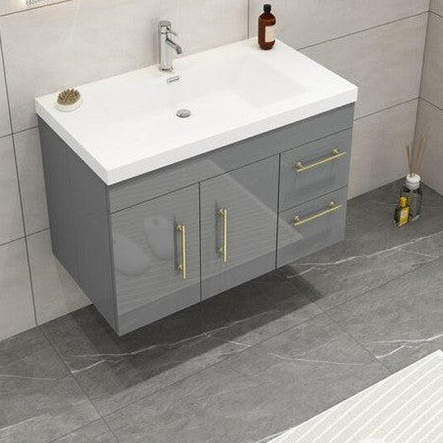 Elara 36" High Gloss Gray Wall-Mounted Vanity With Right Side Drawers and Single Reinforced White Acrylic Sink