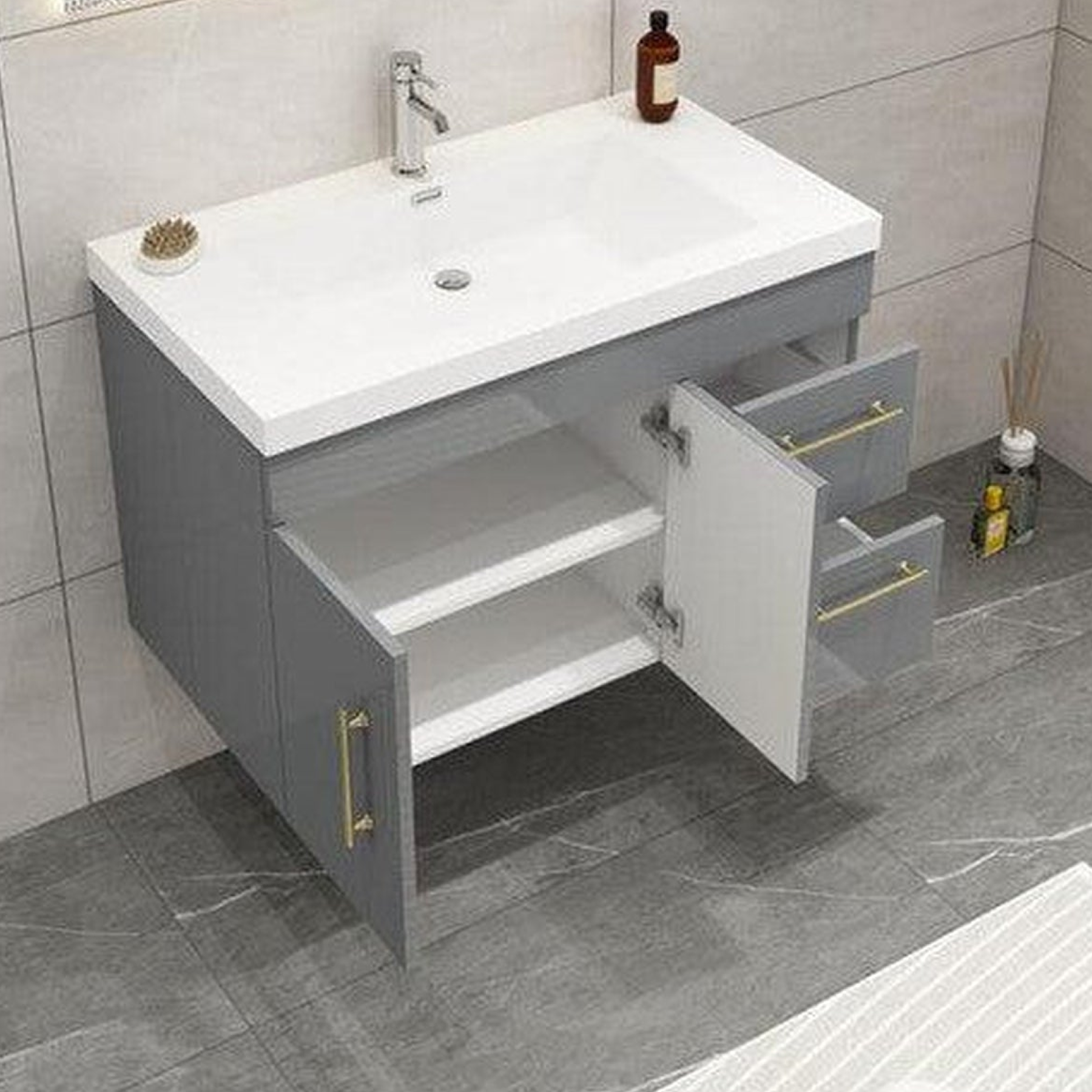 Elara 36" High Gloss Gray Wall-Mounted Vanity With Right Side Drawers and Single Reinforced White Acrylic Sink