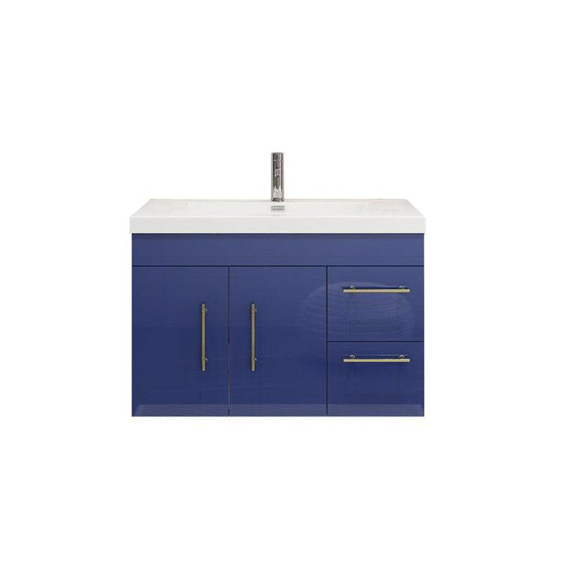 Elara 36" High Gloss Night Blue Wall-Mounted Vanity With Right Side Drawers and Single Reinforced White Acrylic Sink