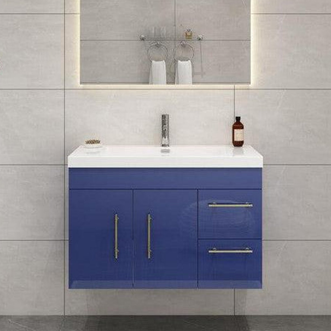 Elara 36" High Gloss Night Blue Wall-Mounted Vanity With Right Side Drawers and Single Reinforced White Acrylic Sink