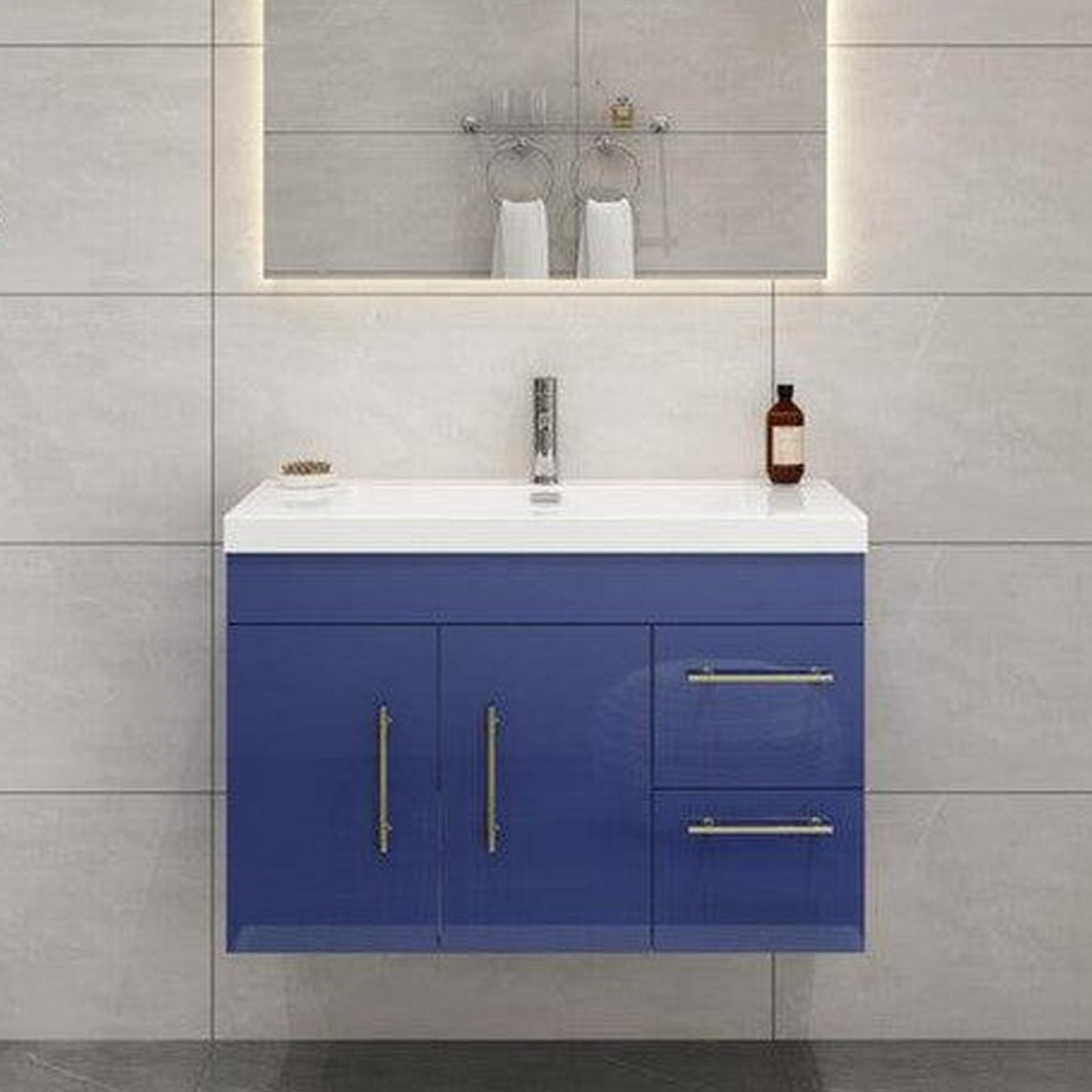 Elara 36" High Gloss Night Blue Wall-Mounted Vanity With Right Side Drawers and Single Reinforced White Acrylic Sink
