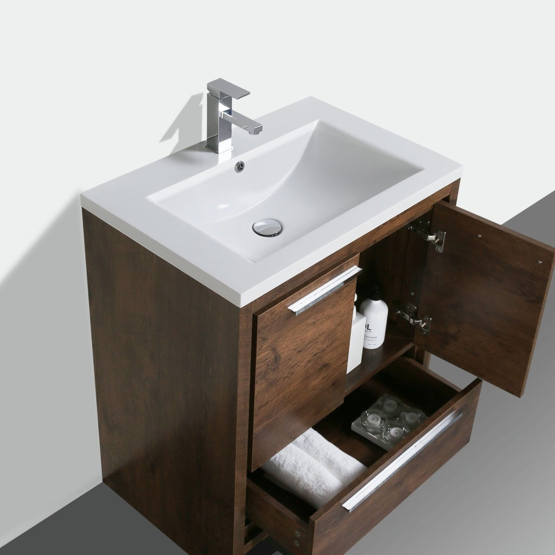 Amara 30" Rosewood Freestanding Vanity With Single Reinforced White Acrylic Sink