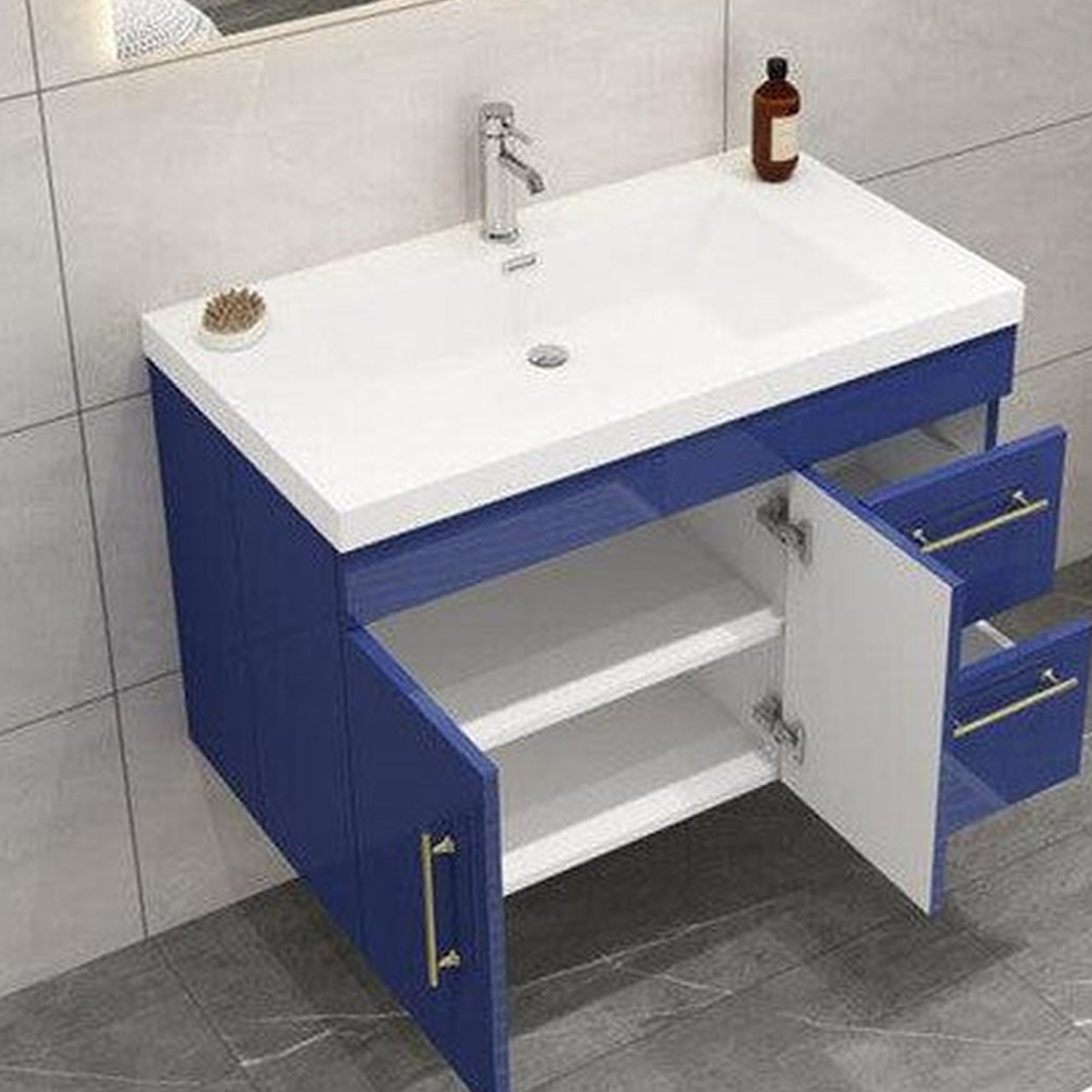 Elara 36" High Gloss Night Blue Wall-Mounted Vanity With Right Side Drawers and Single Reinforced White Acrylic Sink