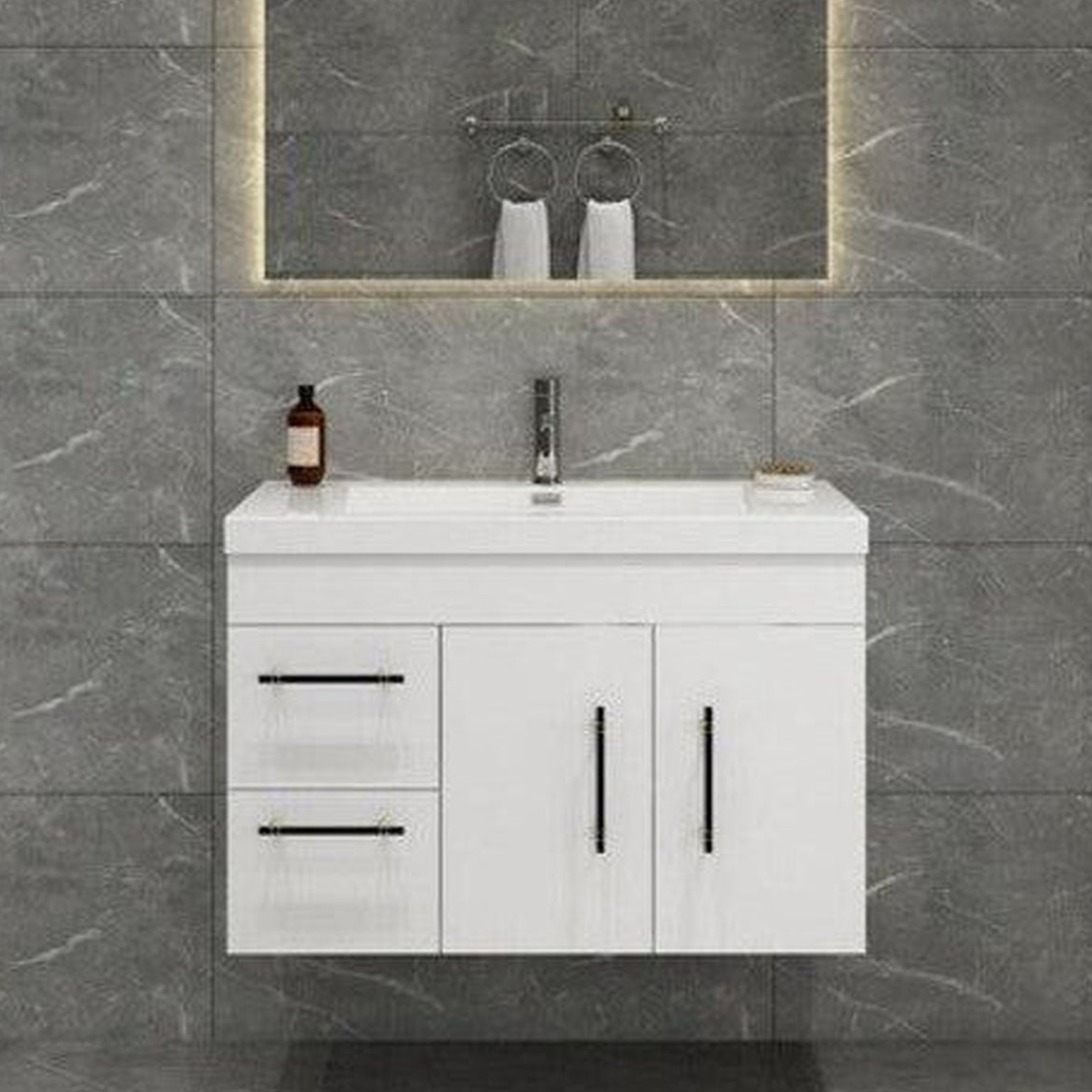 Elara 36" High Gloss White Wall-Mounted Vanity With Left Side Drawers and Single Reinforced White Acrylic Sink