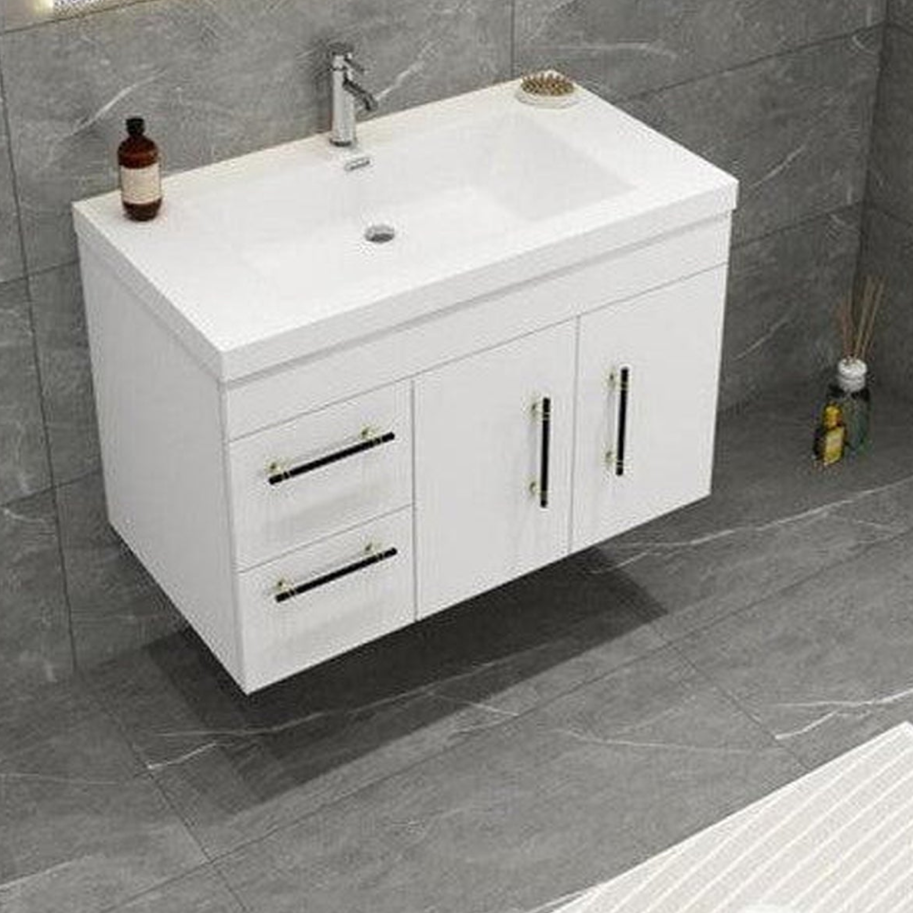 Elara 36" High Gloss White Wall-Mounted Vanity With Left Side Drawers and Single Reinforced White Acrylic Sink