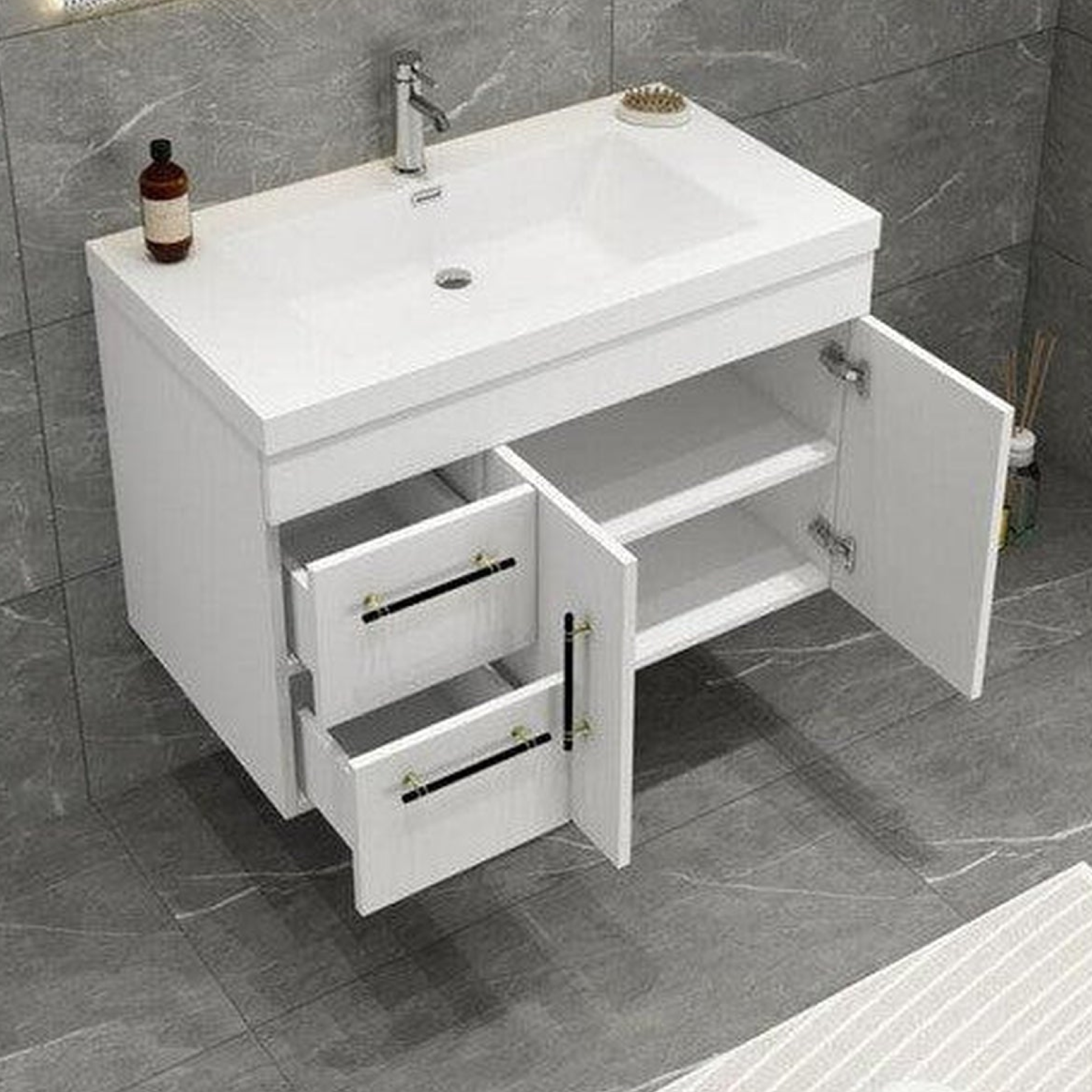 Elara 36" High Gloss White Wall-Mounted Vanity With Left Side Drawers and Single Reinforced White Acrylic Sink