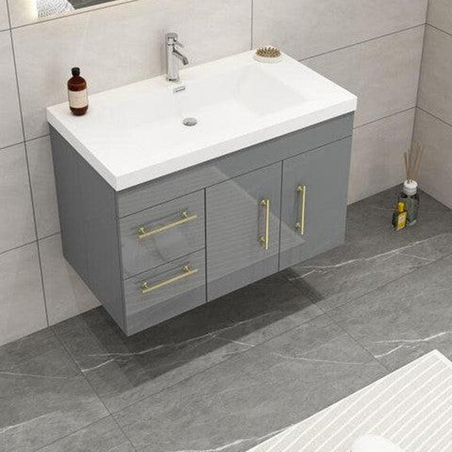 Elara 36" High Gloss Gray Wall-Mounted Vanity With Left Side Drawers and Single Reinforced White Acrylic Sink