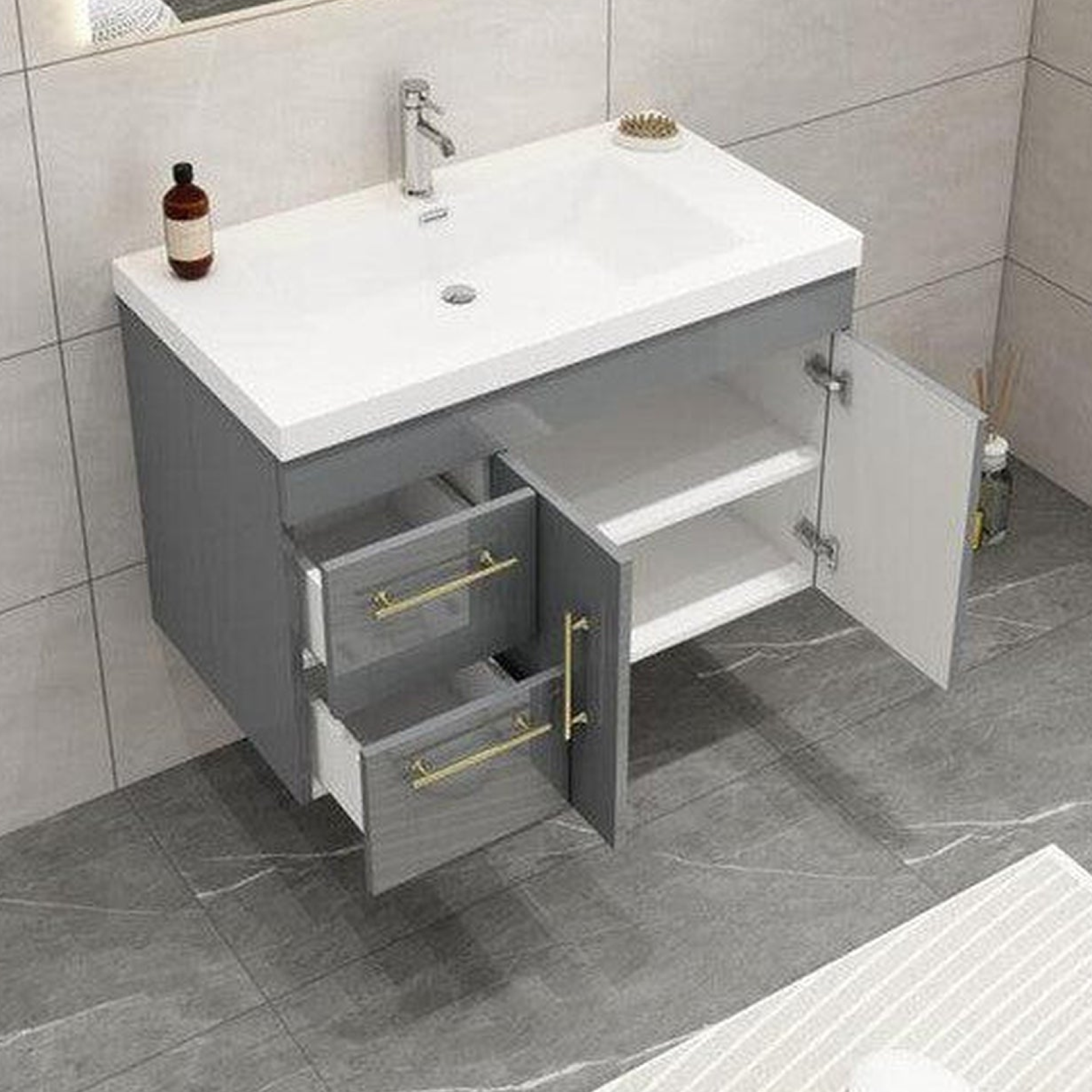 Elara 36" High Gloss Gray Wall-Mounted Vanity With Left Side Drawers and Single Reinforced White Acrylic Sink