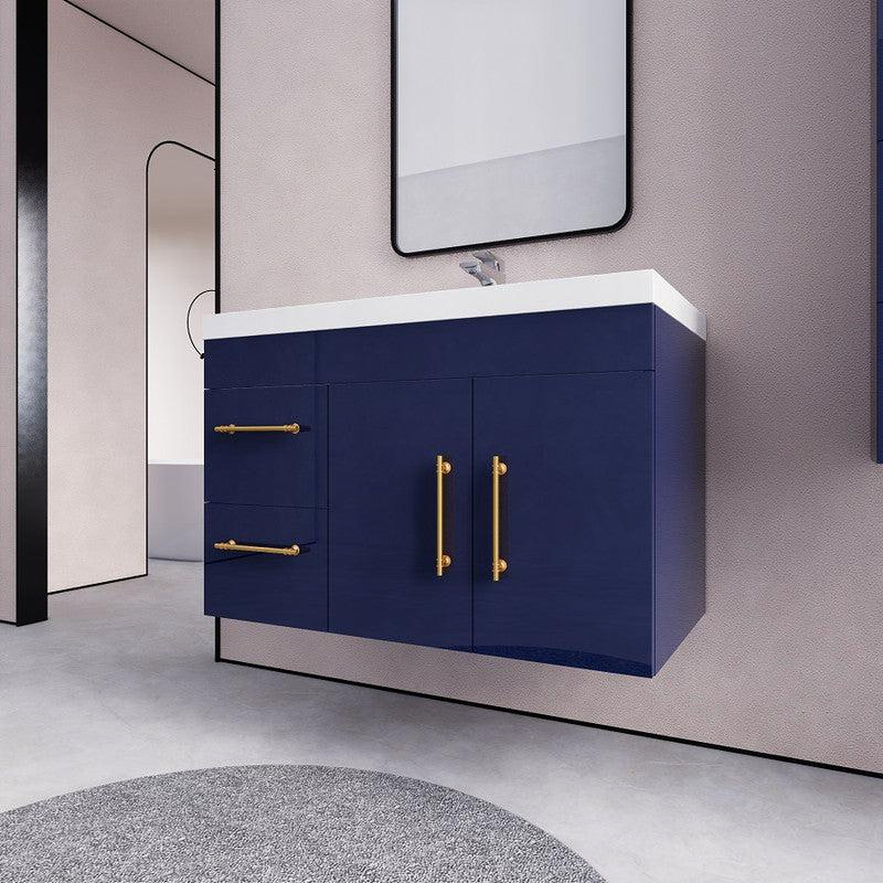 Elara 36" High Gloss Night Blue Wall-Mounted Vanity With Left Side Drawers and Single Reinforced White Acrylic Sink