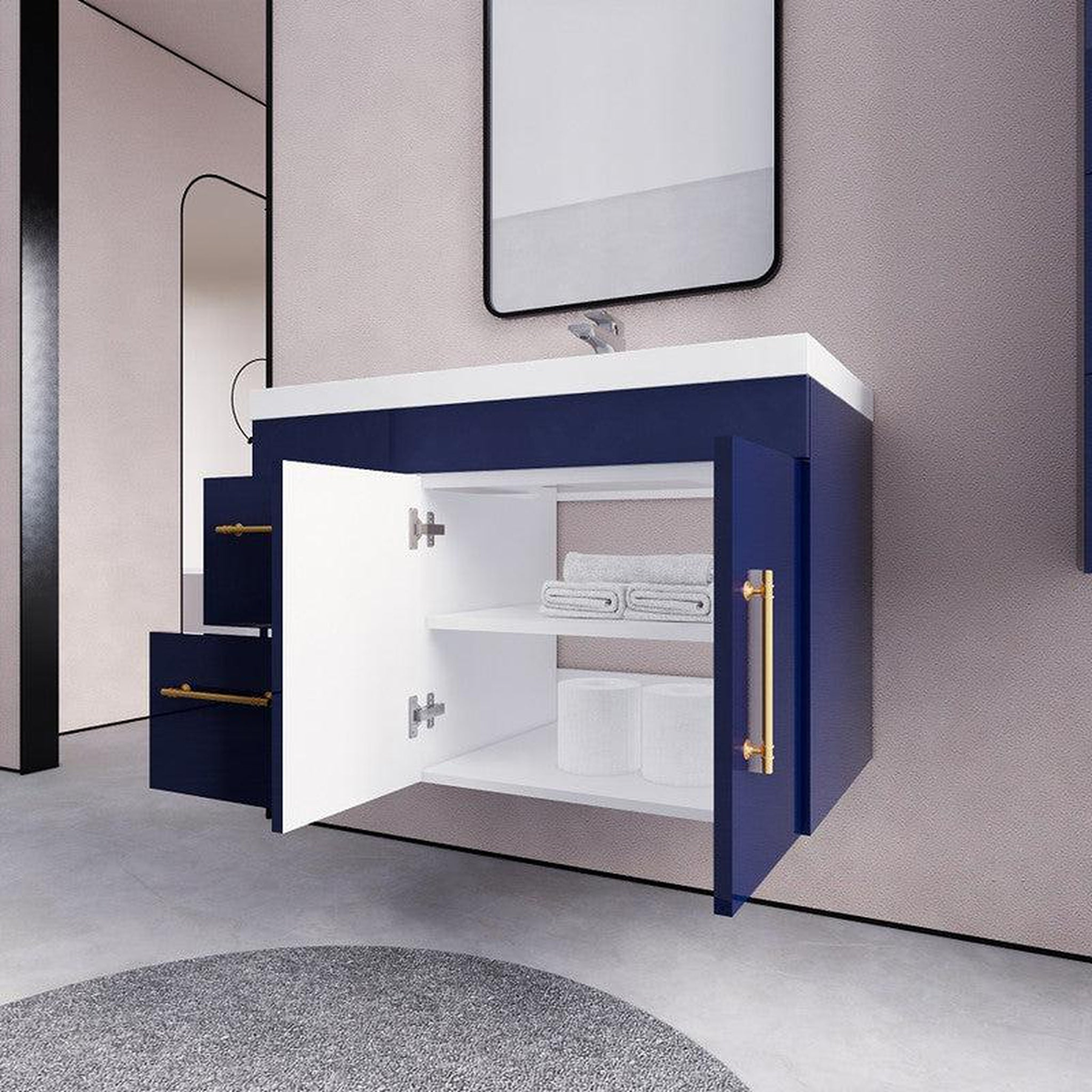 Elara 36" High Gloss Night Blue Wall-Mounted Vanity With Left Side Drawers and Single Reinforced White Acrylic Sink