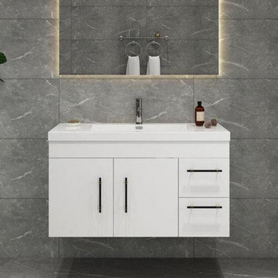 Elara 42" High Gloss White Wall-Mounted Vanity With Right Side Drawers and Single Reinforced White Acrylic Sink