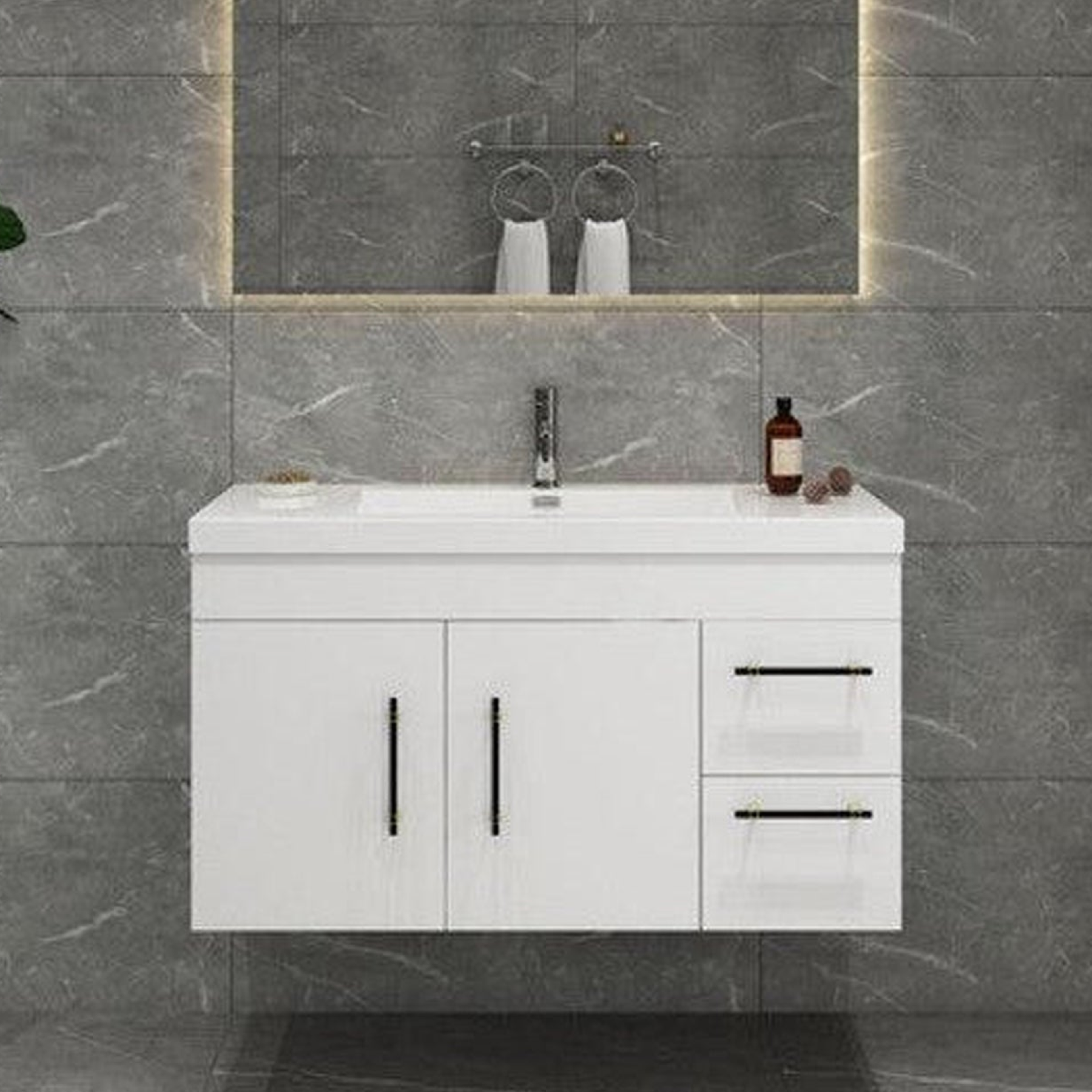 Elara 42" High Gloss White Wall-Mounted Vanity With Right Side Drawers and Single Reinforced White Acrylic Sink