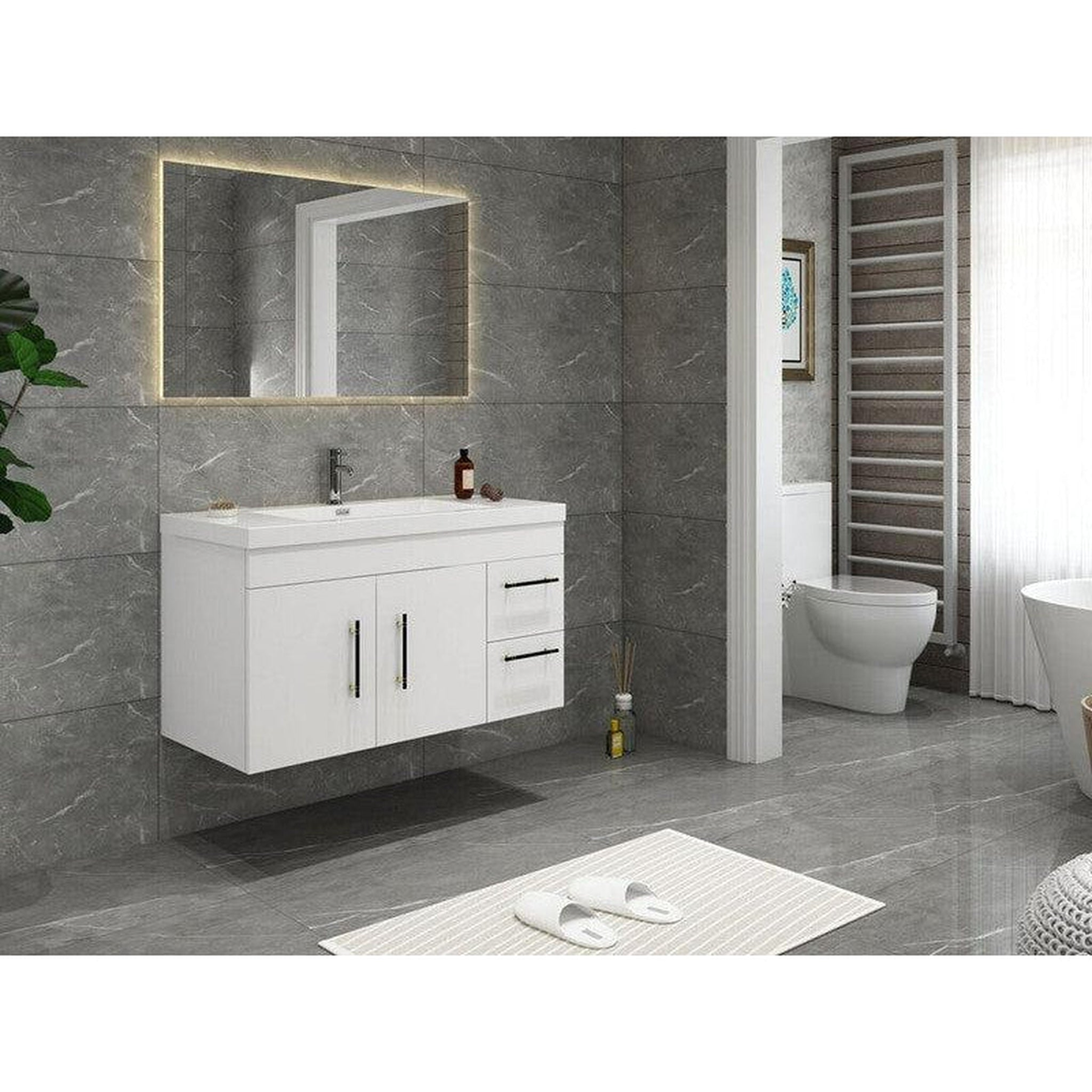 Elara 42" High Gloss White Wall-Mounted Vanity With Right Side Drawers and Single Reinforced White Acrylic Sink