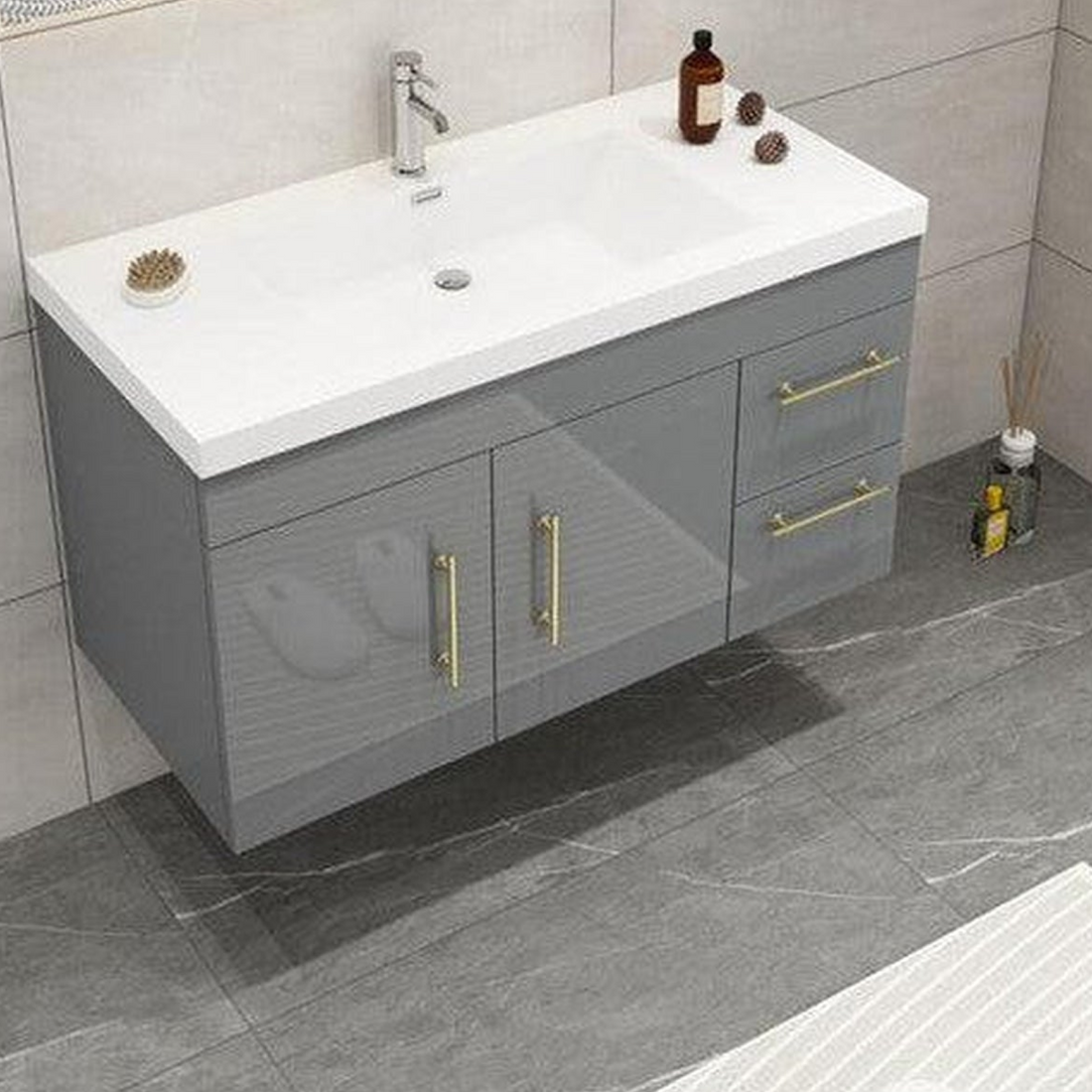 Elara 42" High Gloss Gray Wall-Mounted Vanity With Right Side Drawers and Single Reinforced White Acrylic Sink