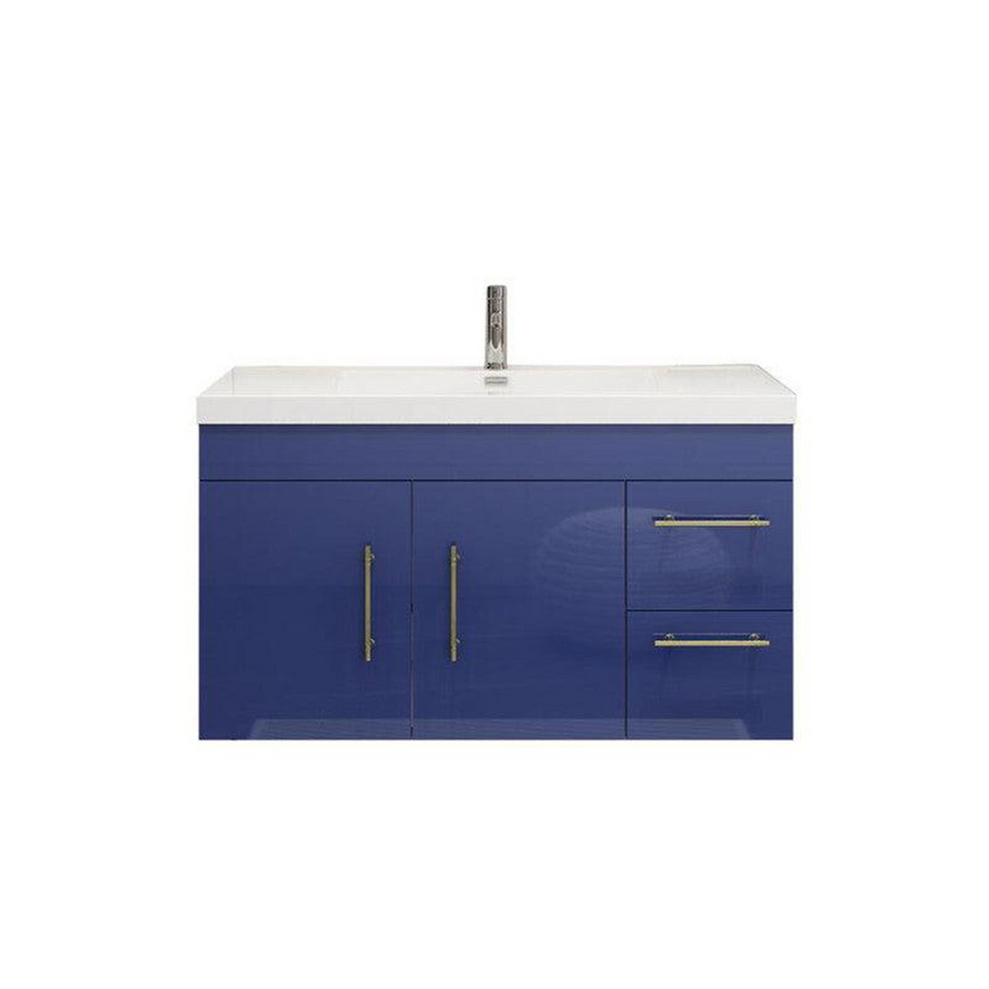 Elara 42" High Gloss Night Blue Wall-Mounted Vanity With Right Side Drawers and Single Reinforced White Acrylic Sink