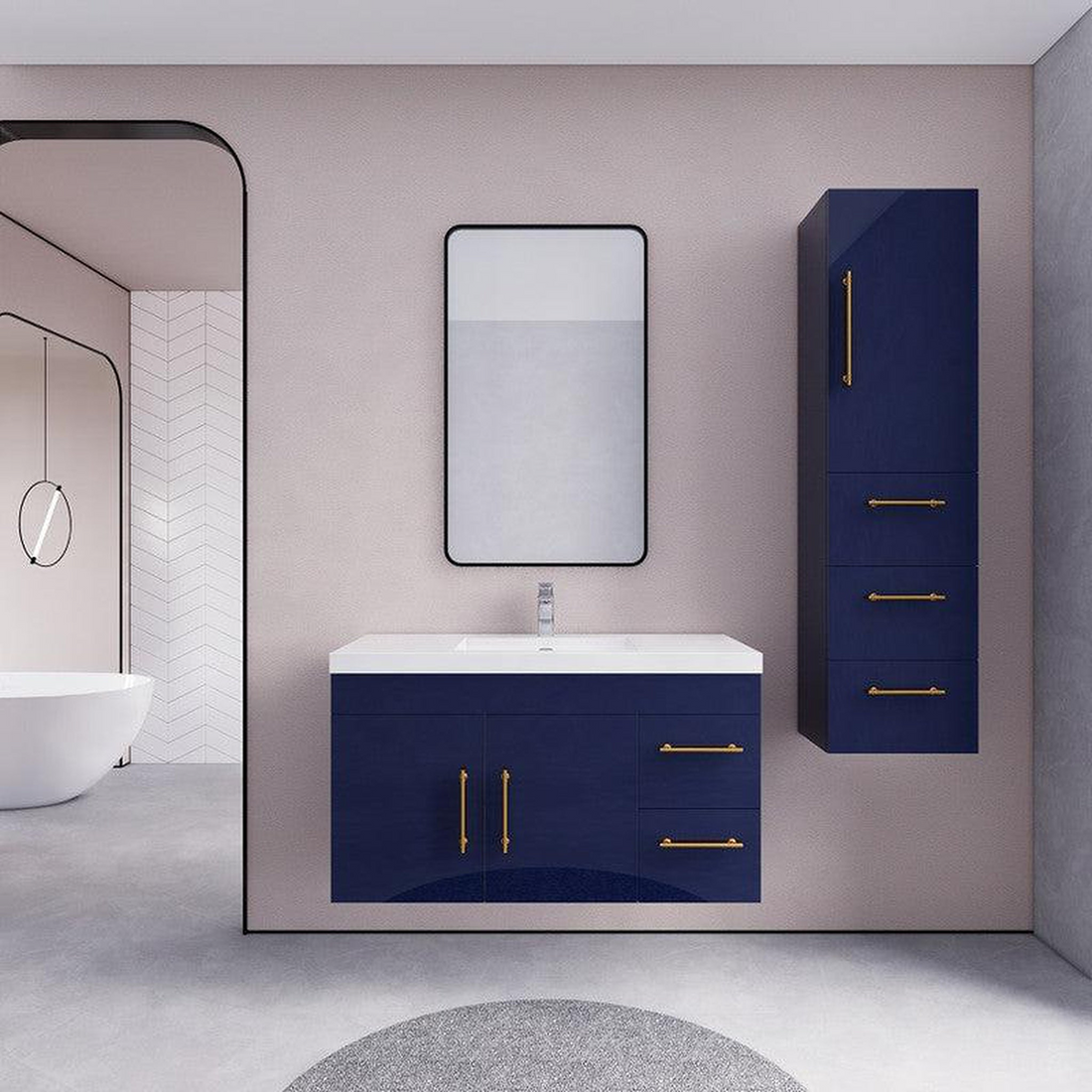 Elara 42" High Gloss Night Blue Wall-Mounted Vanity With Right Side Drawers and Single Reinforced White Acrylic Sink