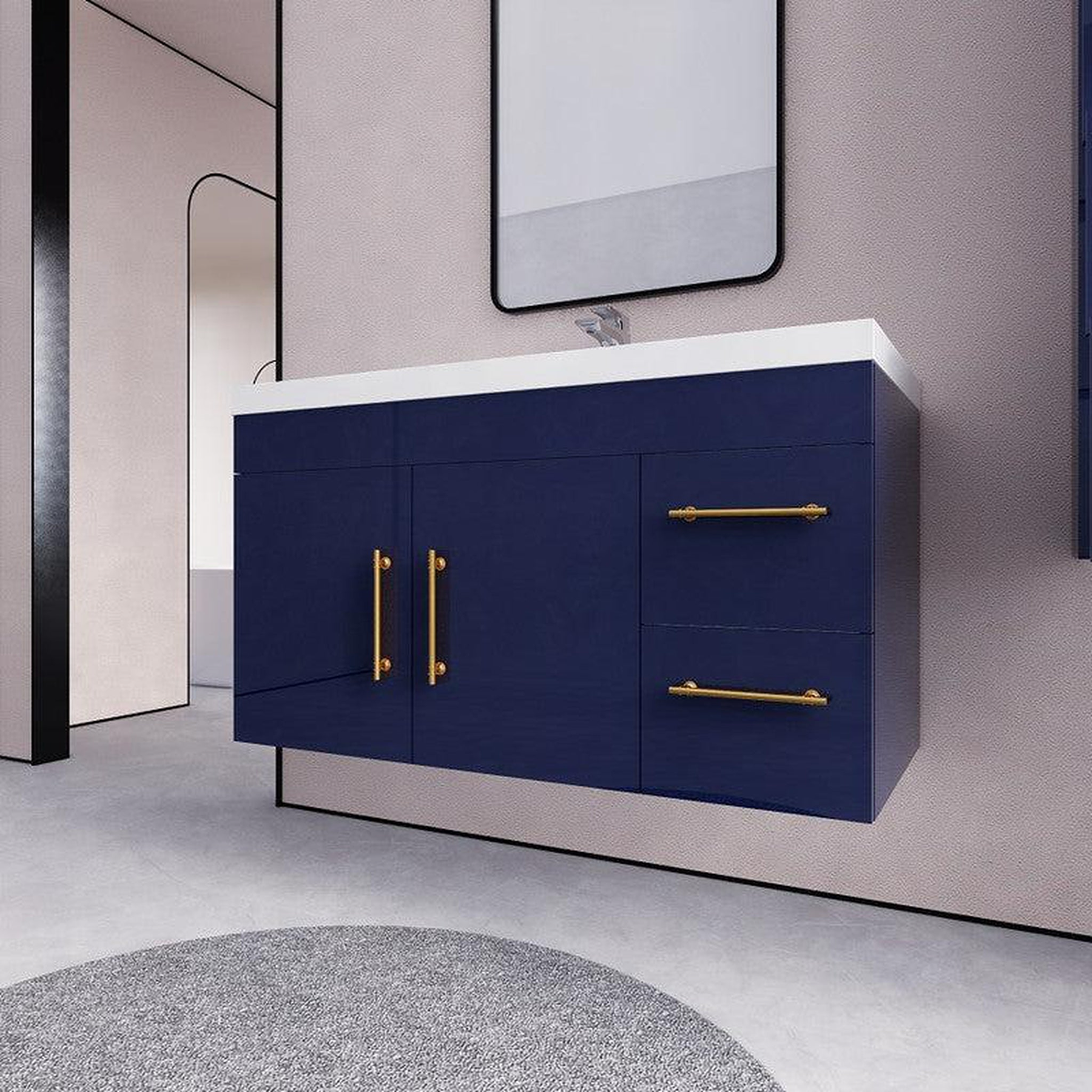 Elara 42" High Gloss Night Blue Wall-Mounted Vanity With Right Side Drawers and Single Reinforced White Acrylic Sink
