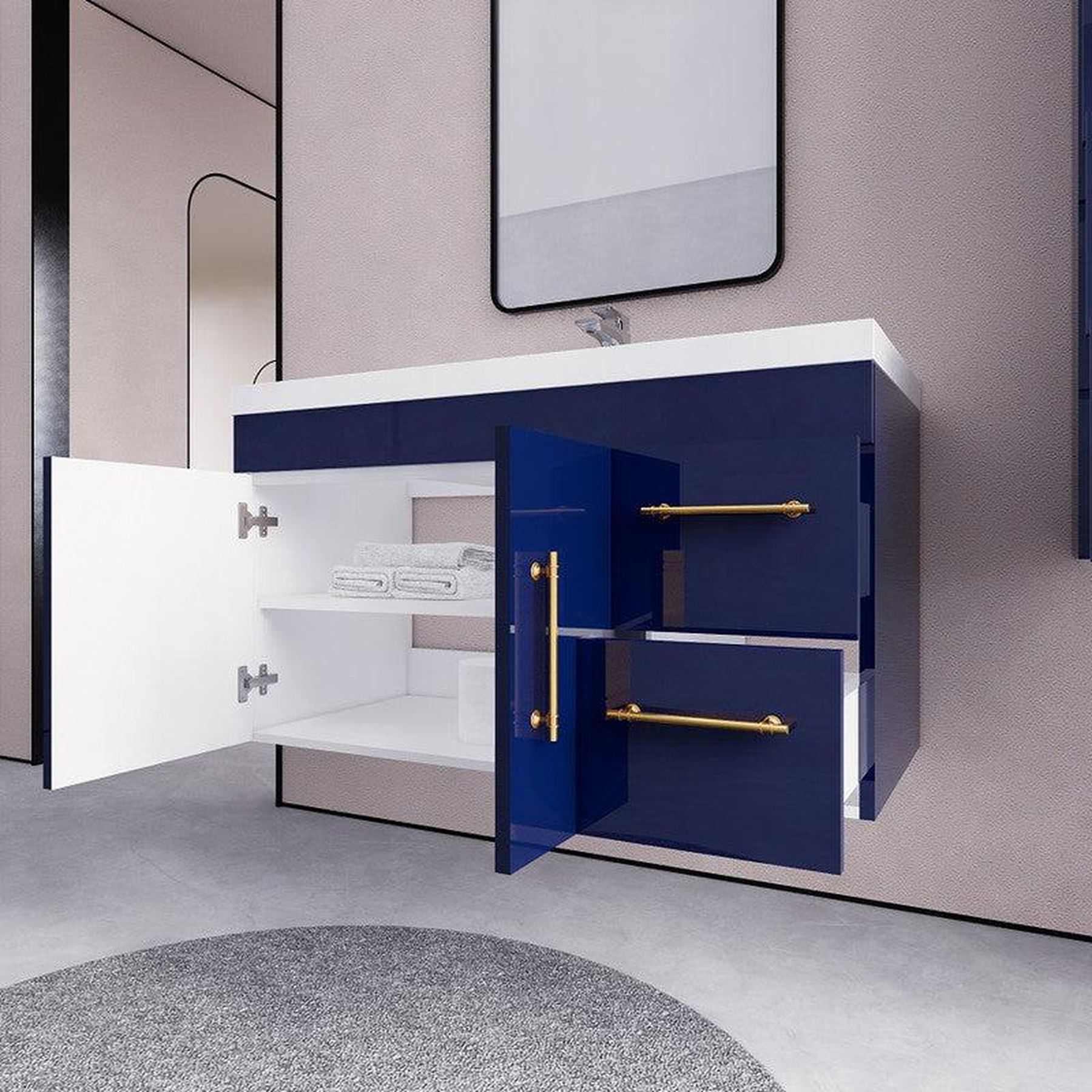 Elara 42" High Gloss Night Blue Wall-Mounted Vanity With Right Side Drawers and Single Reinforced White Acrylic Sink