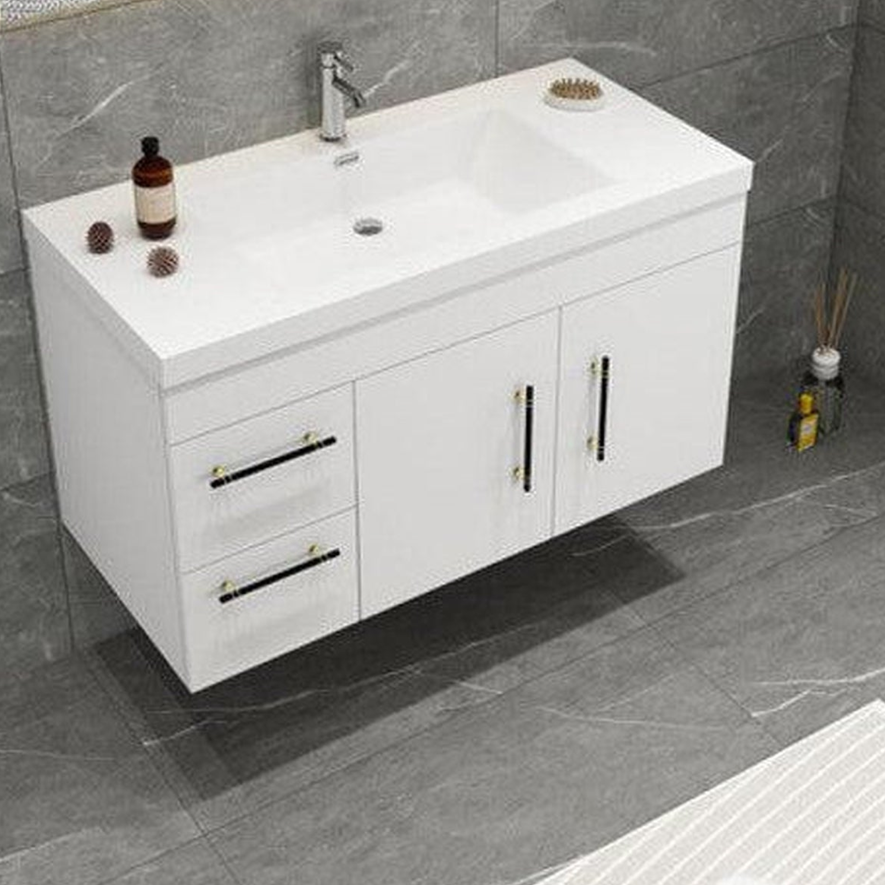Elara 42" High Gloss White Wall-Mounted Vanity With Left Side Drawers and Single Reinforced White Acrylic Sink